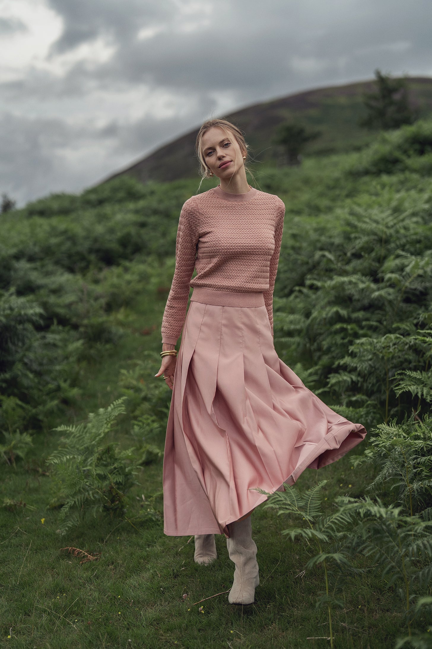 Textured Lurex Crew Sweater-Blush