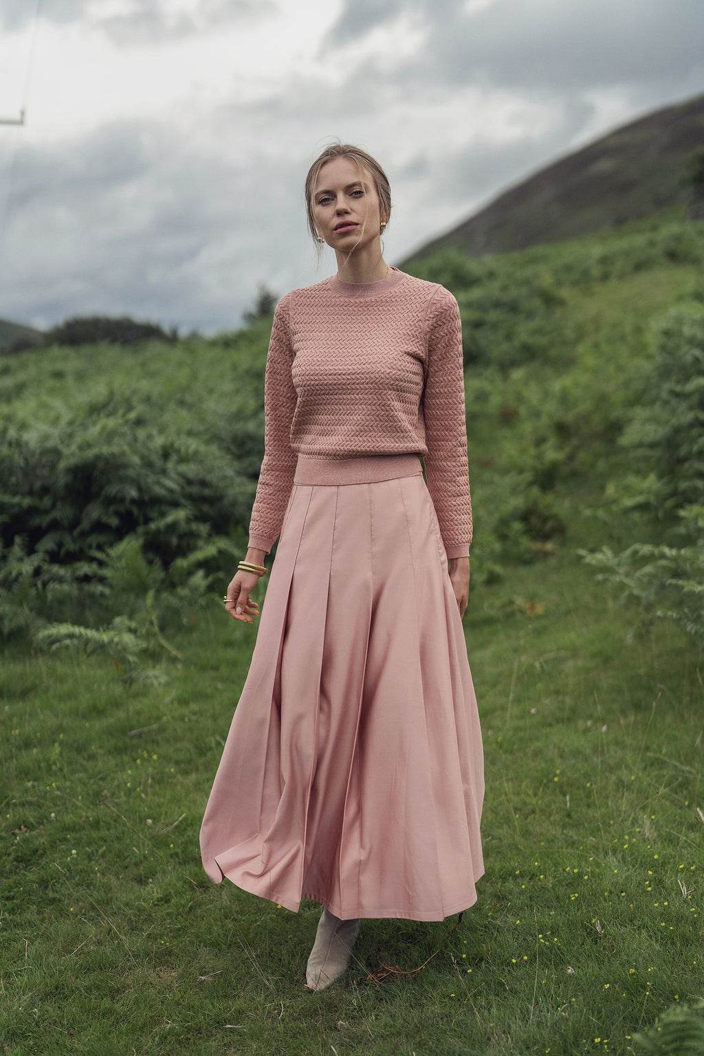 Textured Lurex Crew Sweater-Blush