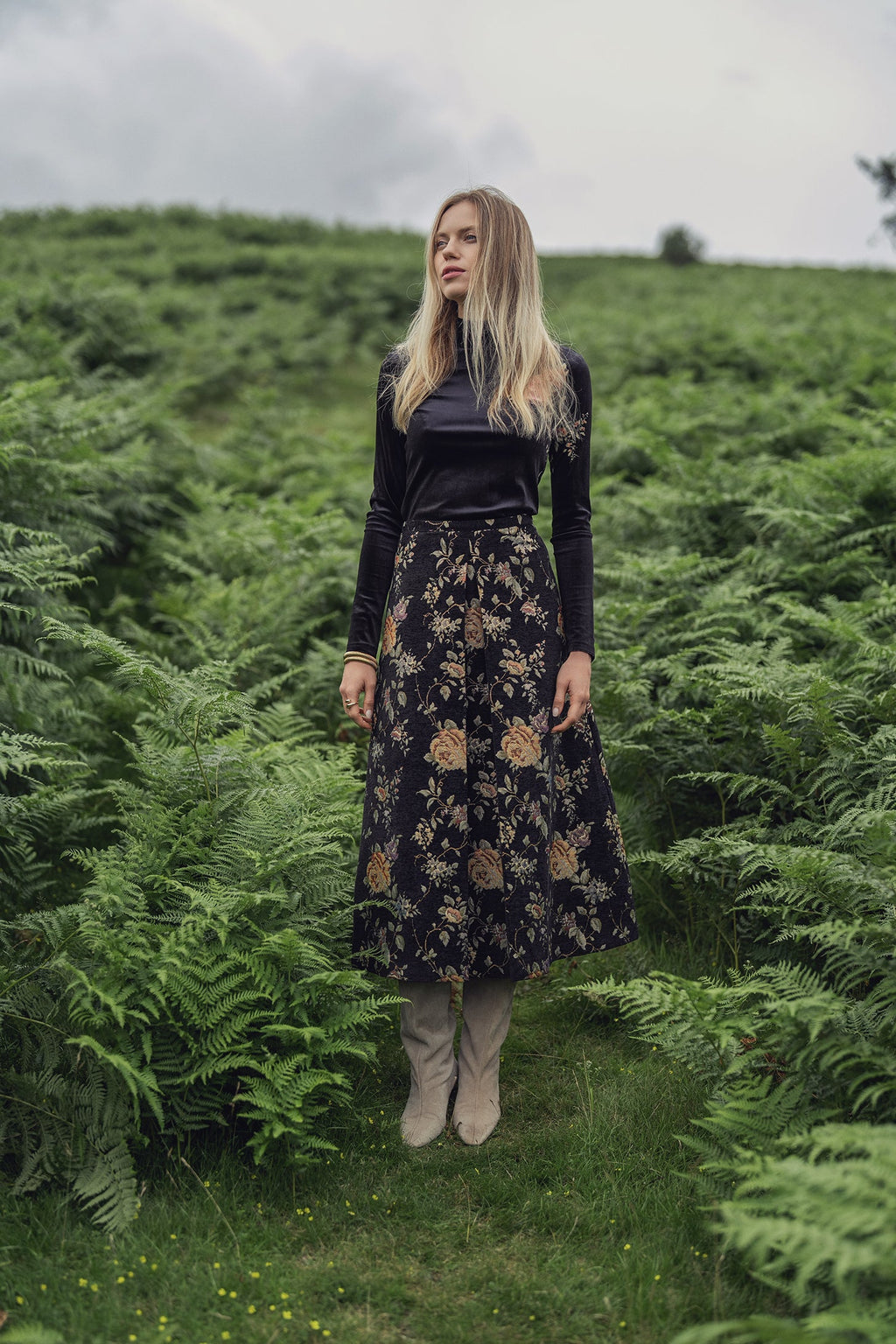 Brocade Midi Skirt-Black Floral