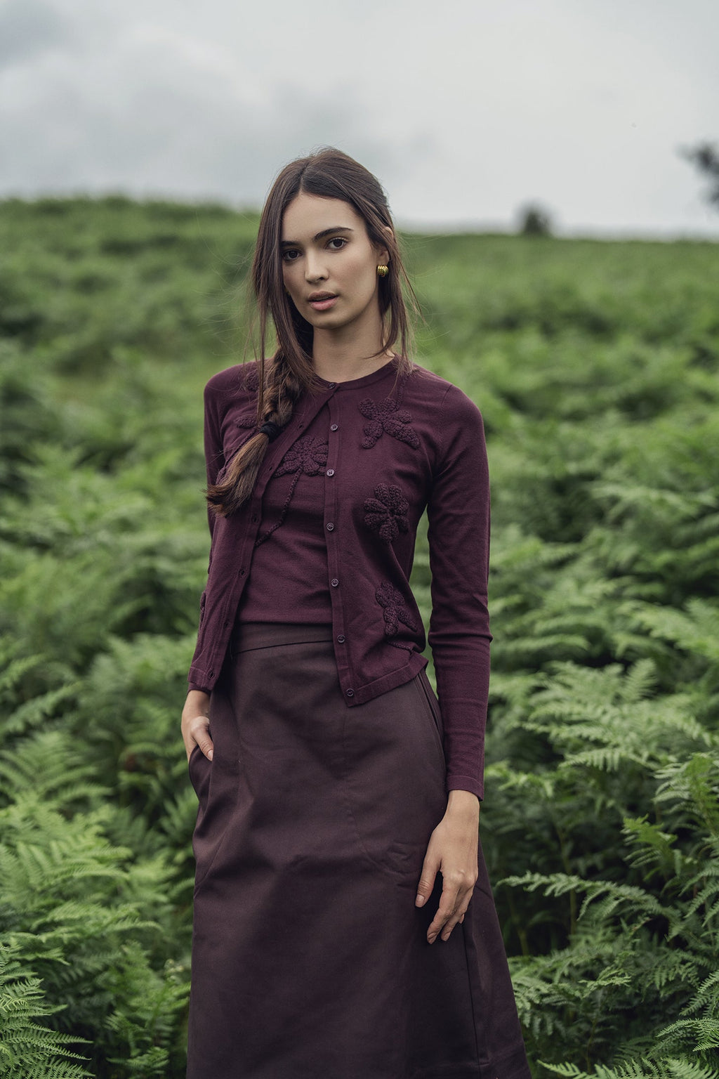 Crochet Puff Flower Sweater Set-Plum