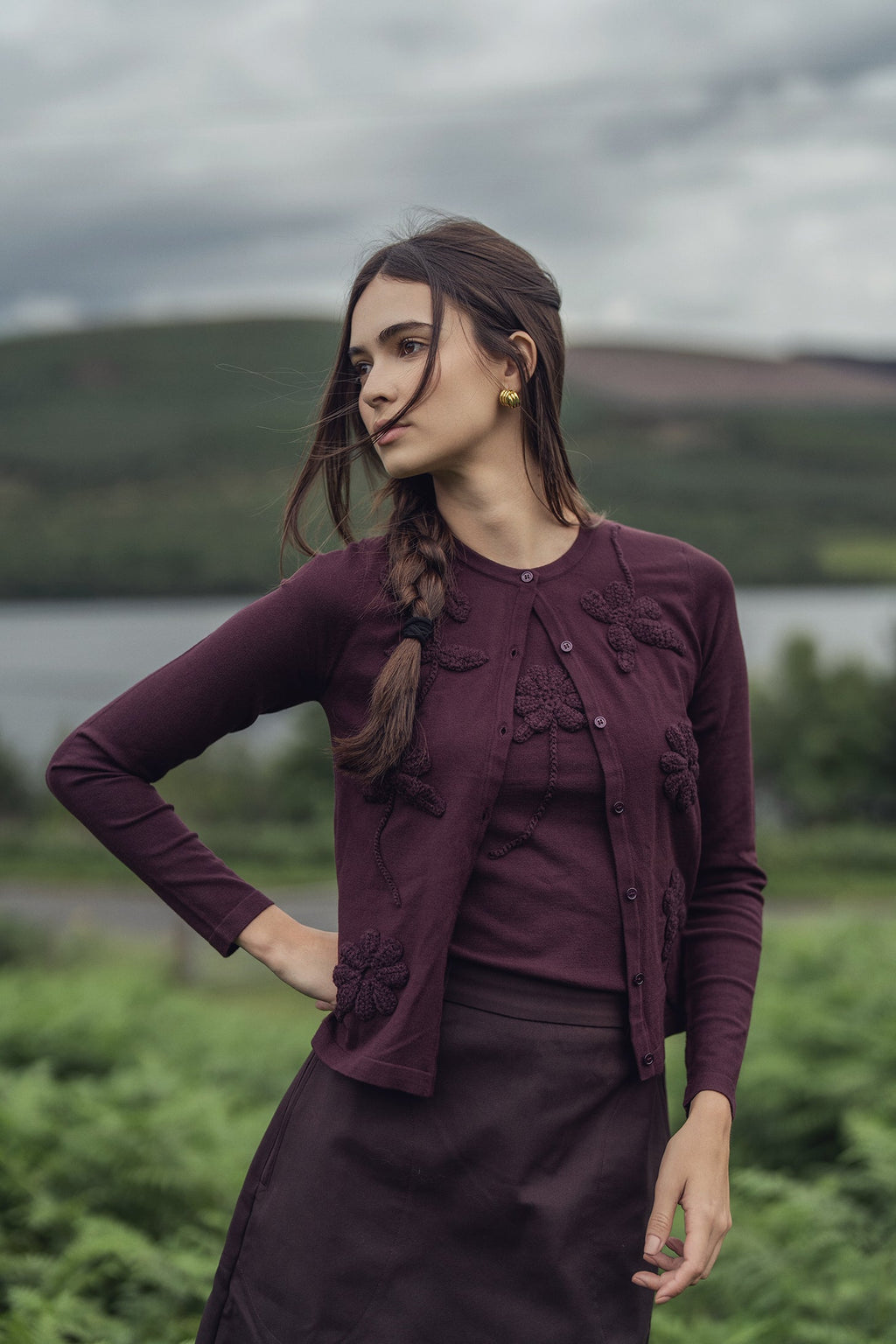 Crochet Puff Flower Sweater Set-Plum