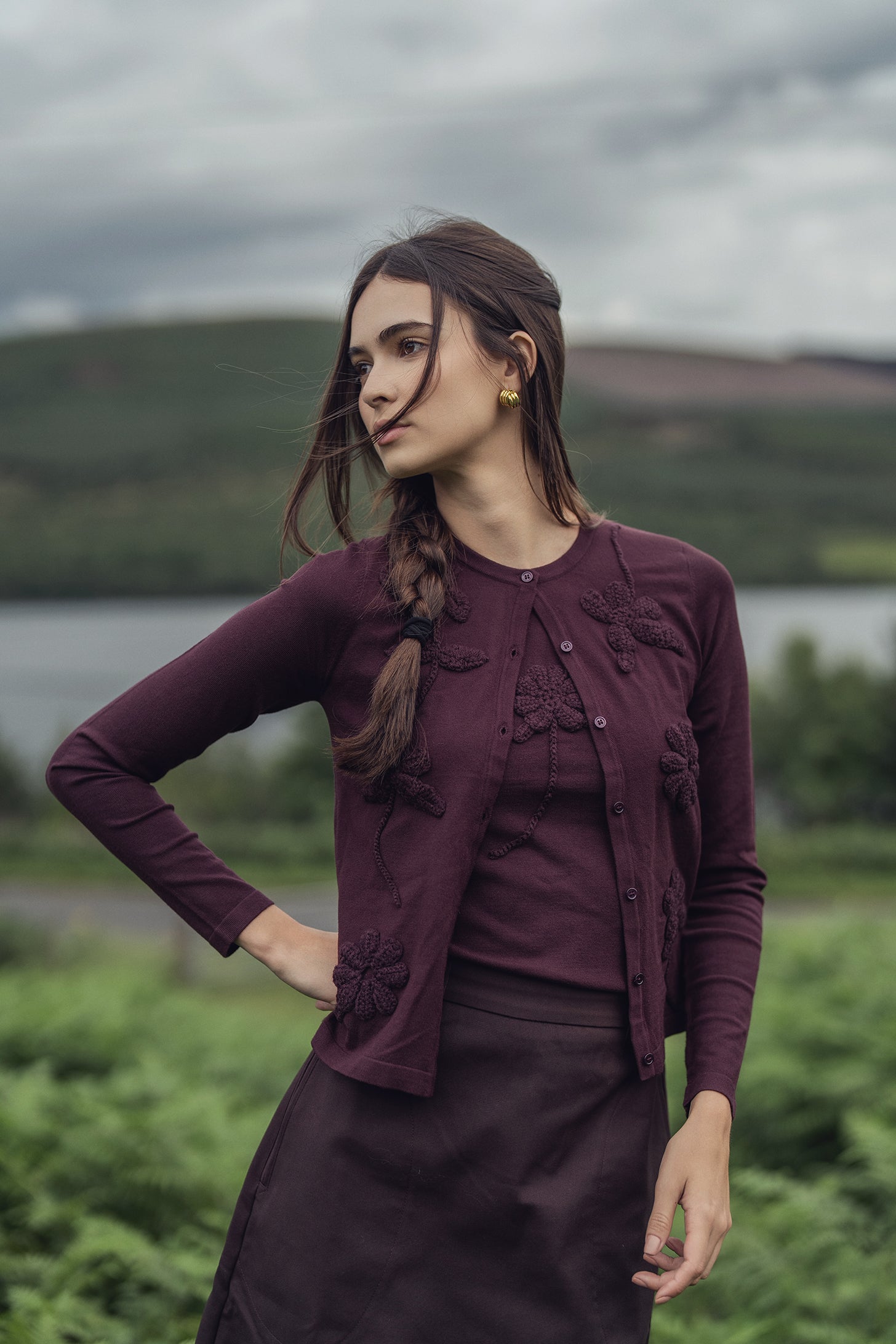 Crochet Puff Flower Sweater Set-Plum