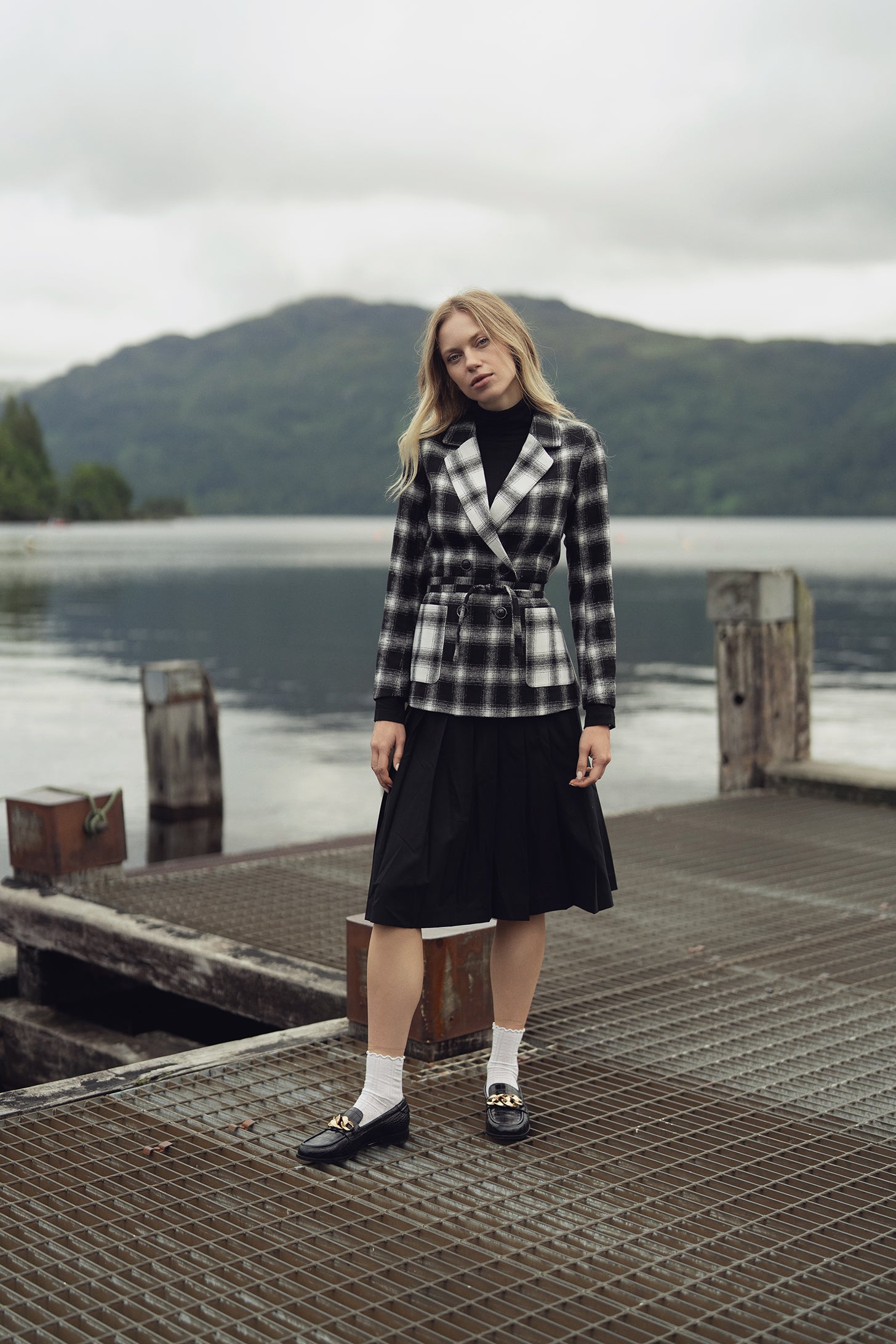 Double Breasted Belted Blazer-Black/White Plaid