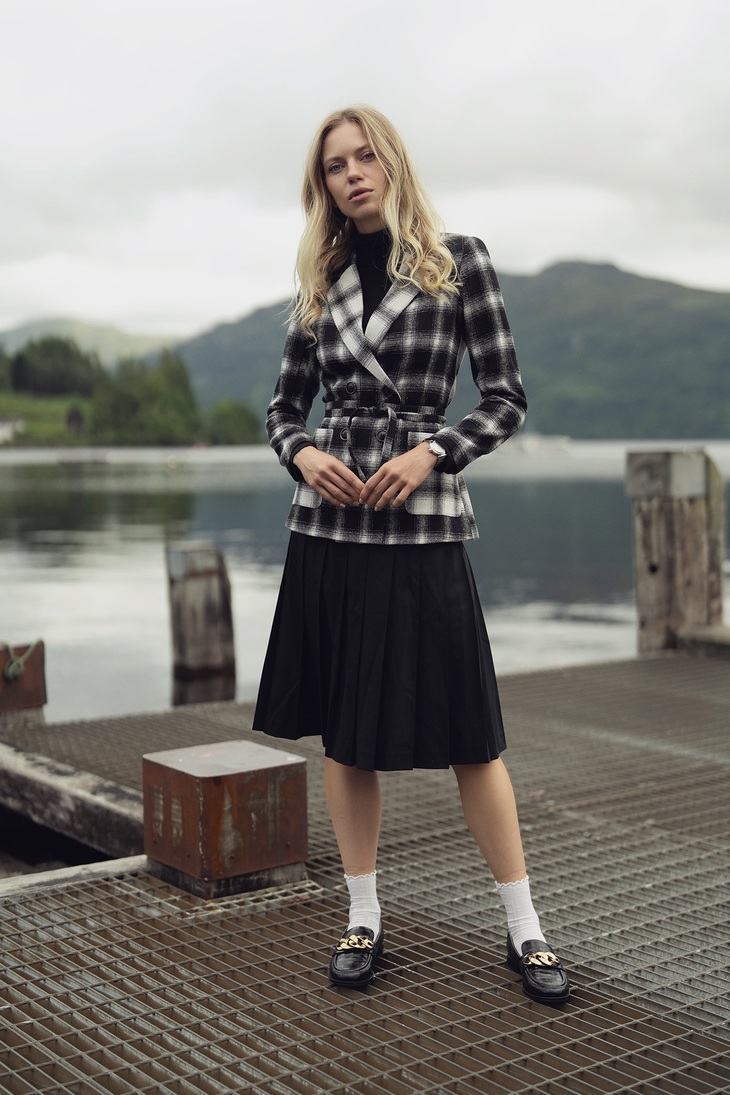 Double Breasted Belted Blazer-Black/White Plaid