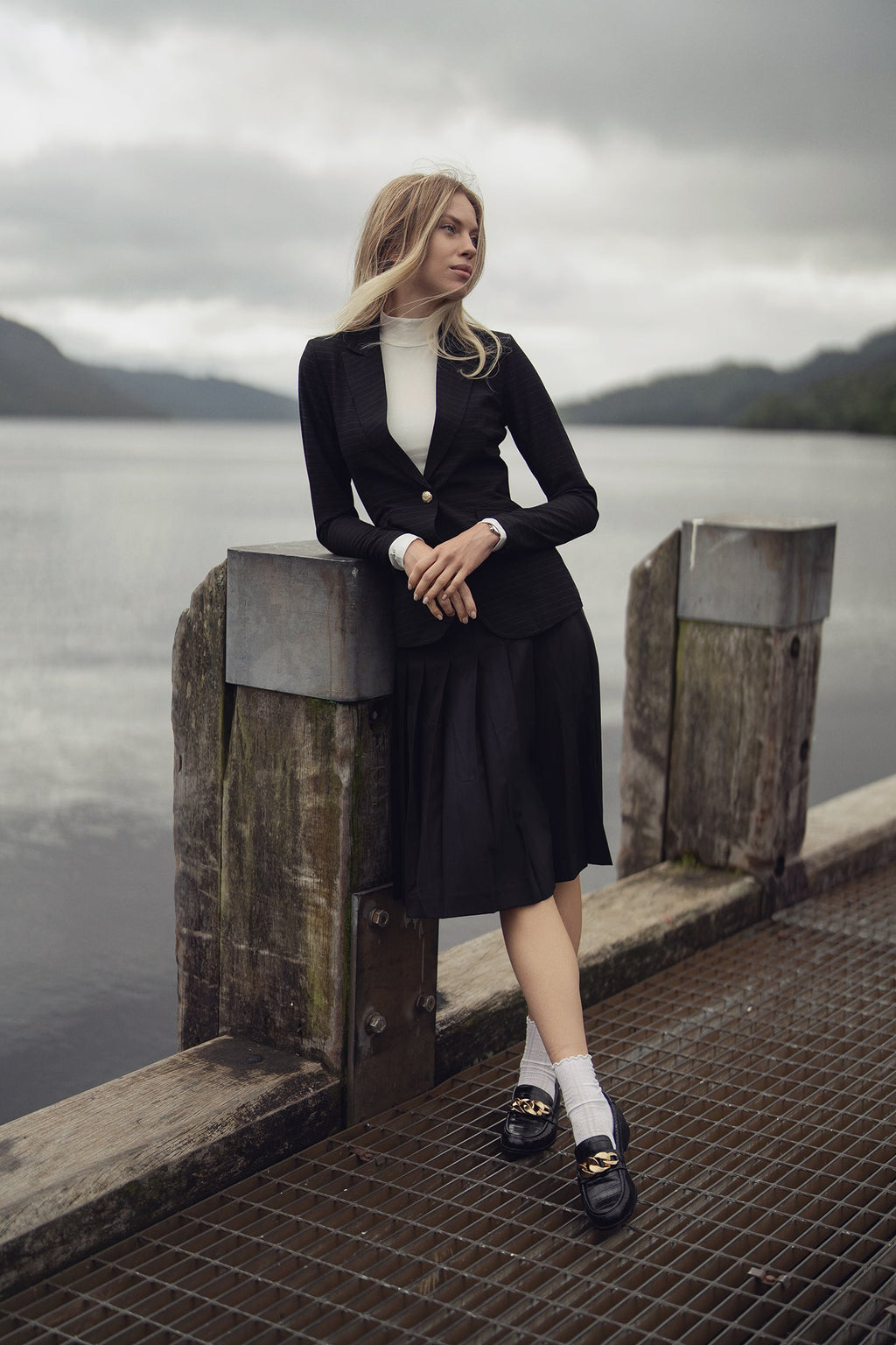 Gold Button Pinstripe Blazer-Black