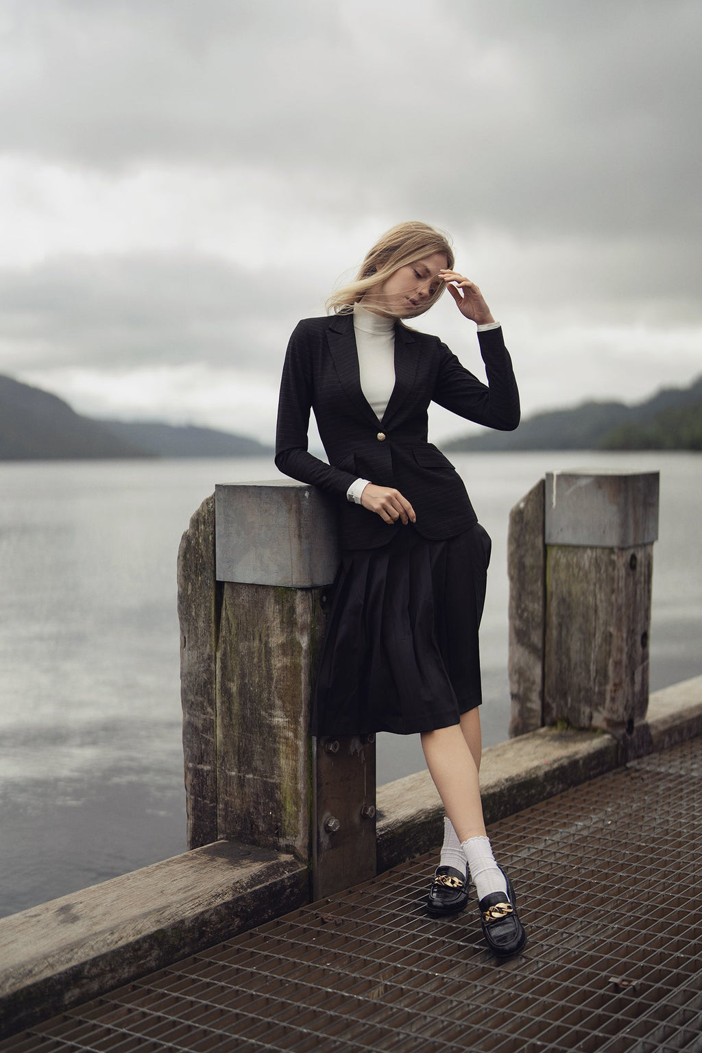 Gold Button Pinstripe Blazer-Black