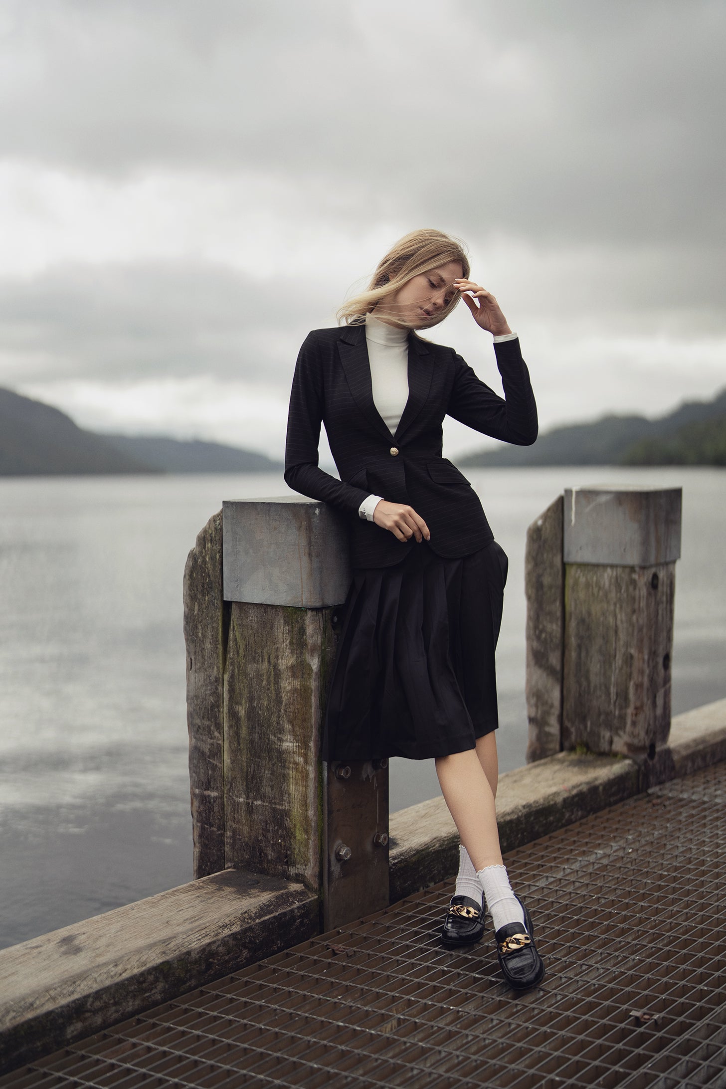 Gold Button Pinstripe Blazer-Black