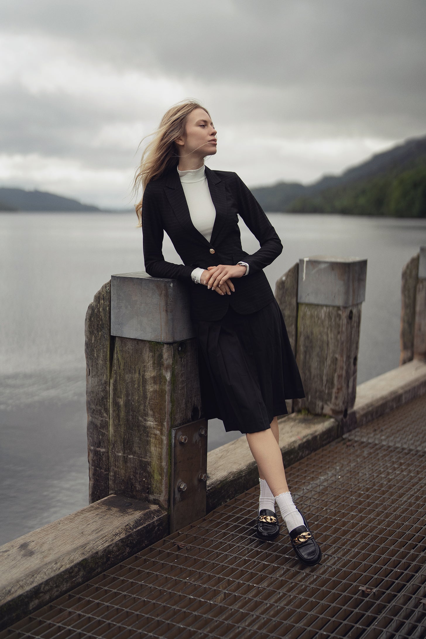 Gold Button Pinstripe Blazer-Black