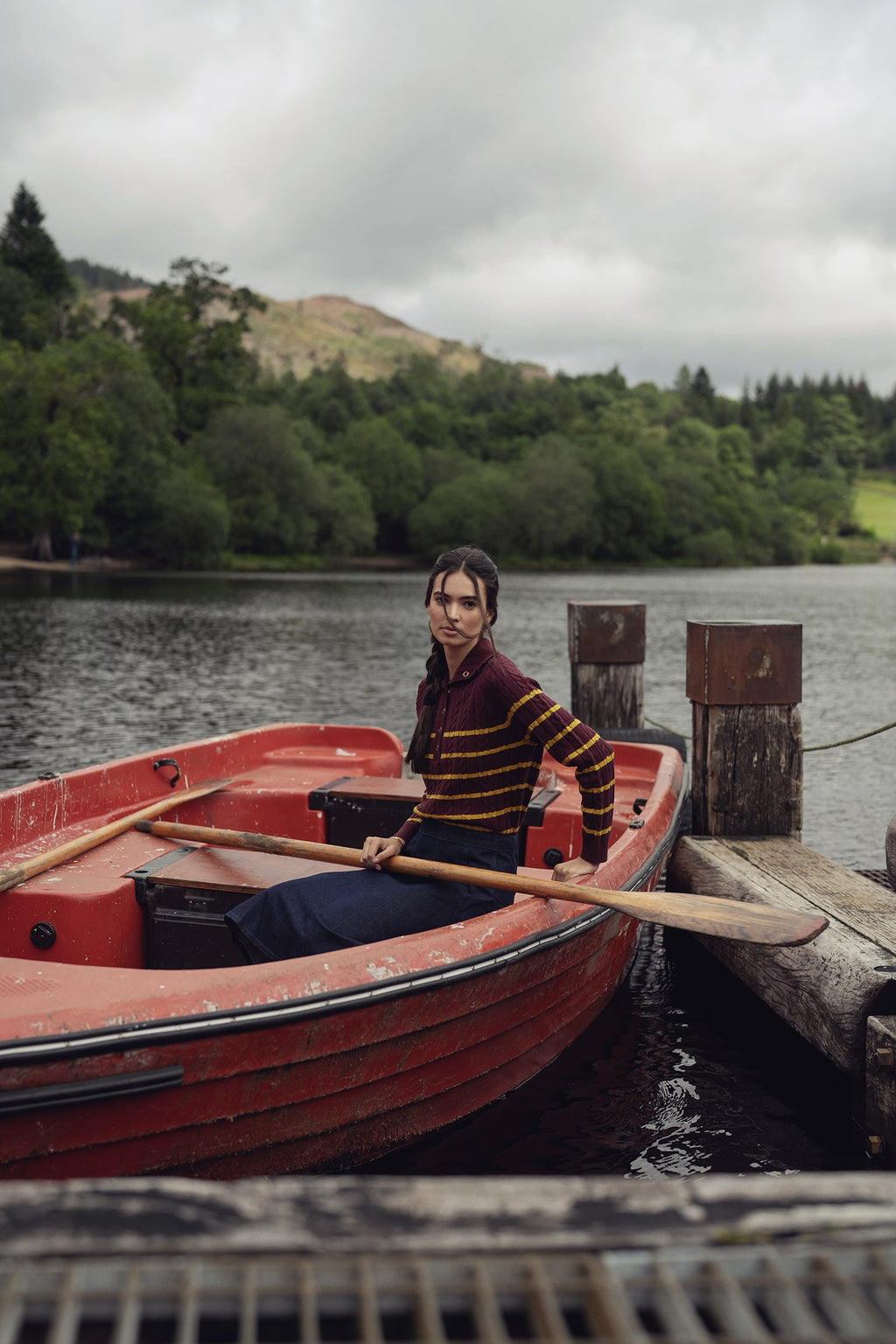 Shawl Snap Collar Striped Cable Sweater-Burgundy/Yellow