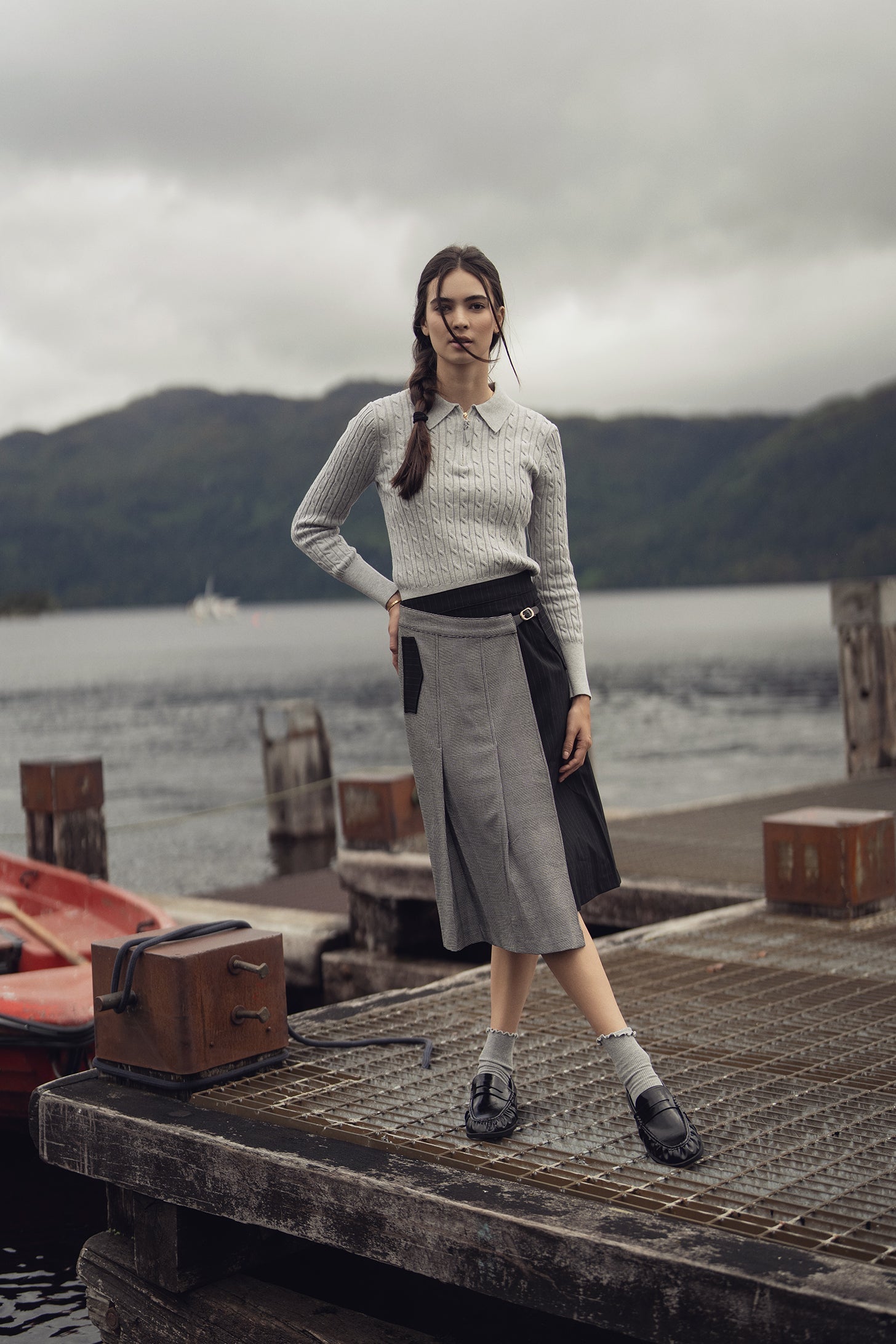 Faux Wrap Pleated Front Buckle Skirt-Pinstripe/Plaid