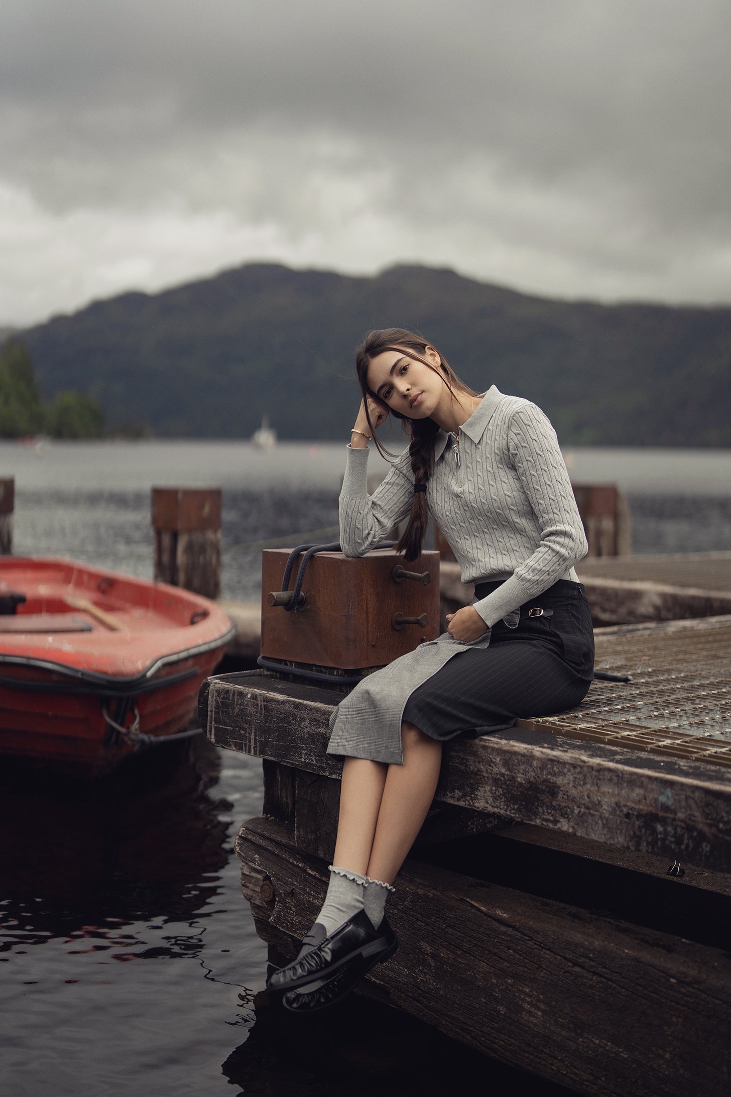 Leather Pull Half Zip Cable Polo-Heathered Grey