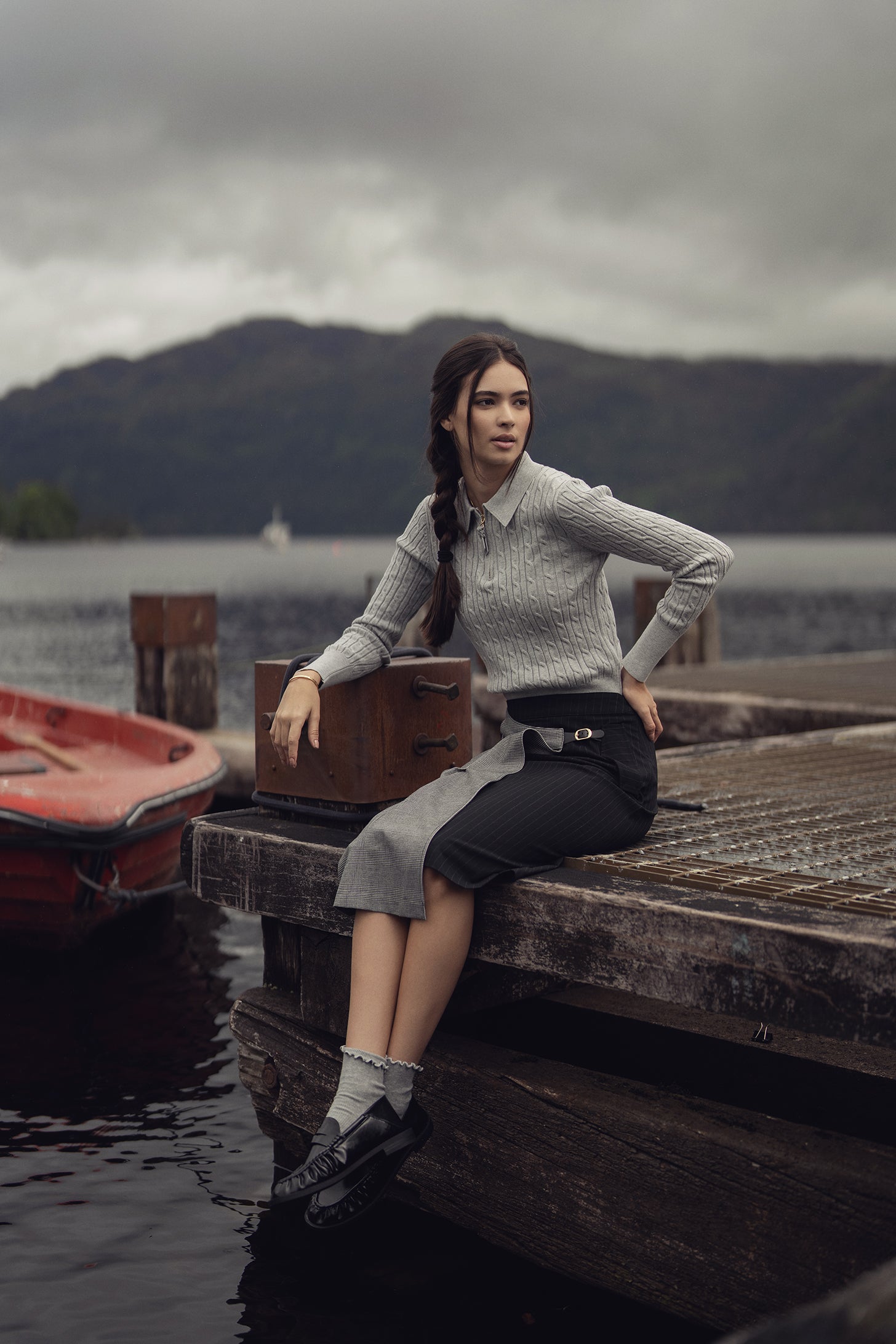 Leather Pull Half Zip Cable Polo-Heathered Grey