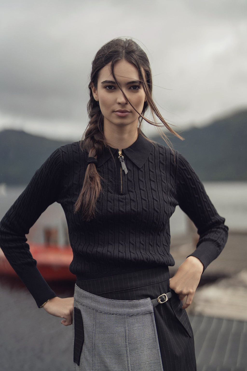 Leather Pull Half Zip Cable Polo-Black