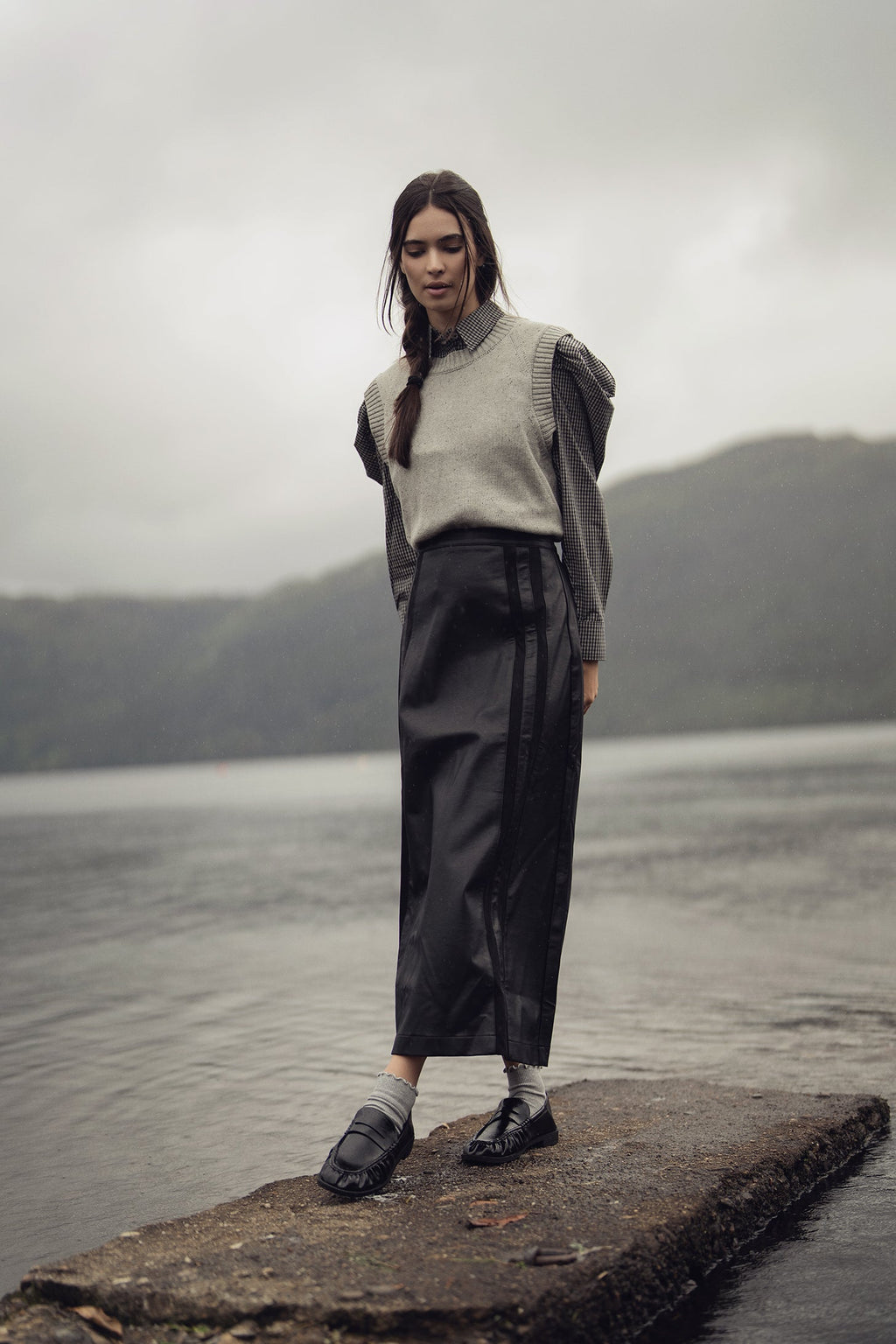 Side Stripe Faux Leather Skirt-Black