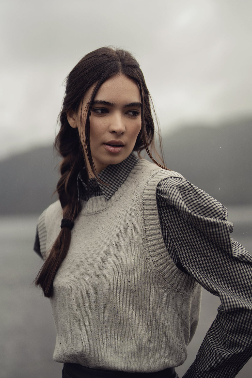 Puff Sleeve Blouse-Black/White Plaid