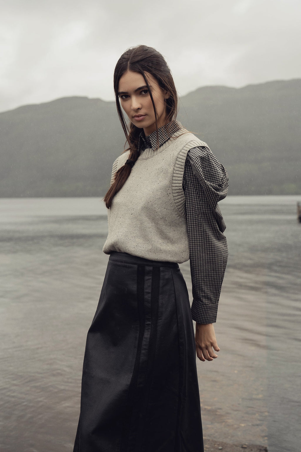 Puff Sleeve Blouse-Black/White Plaid