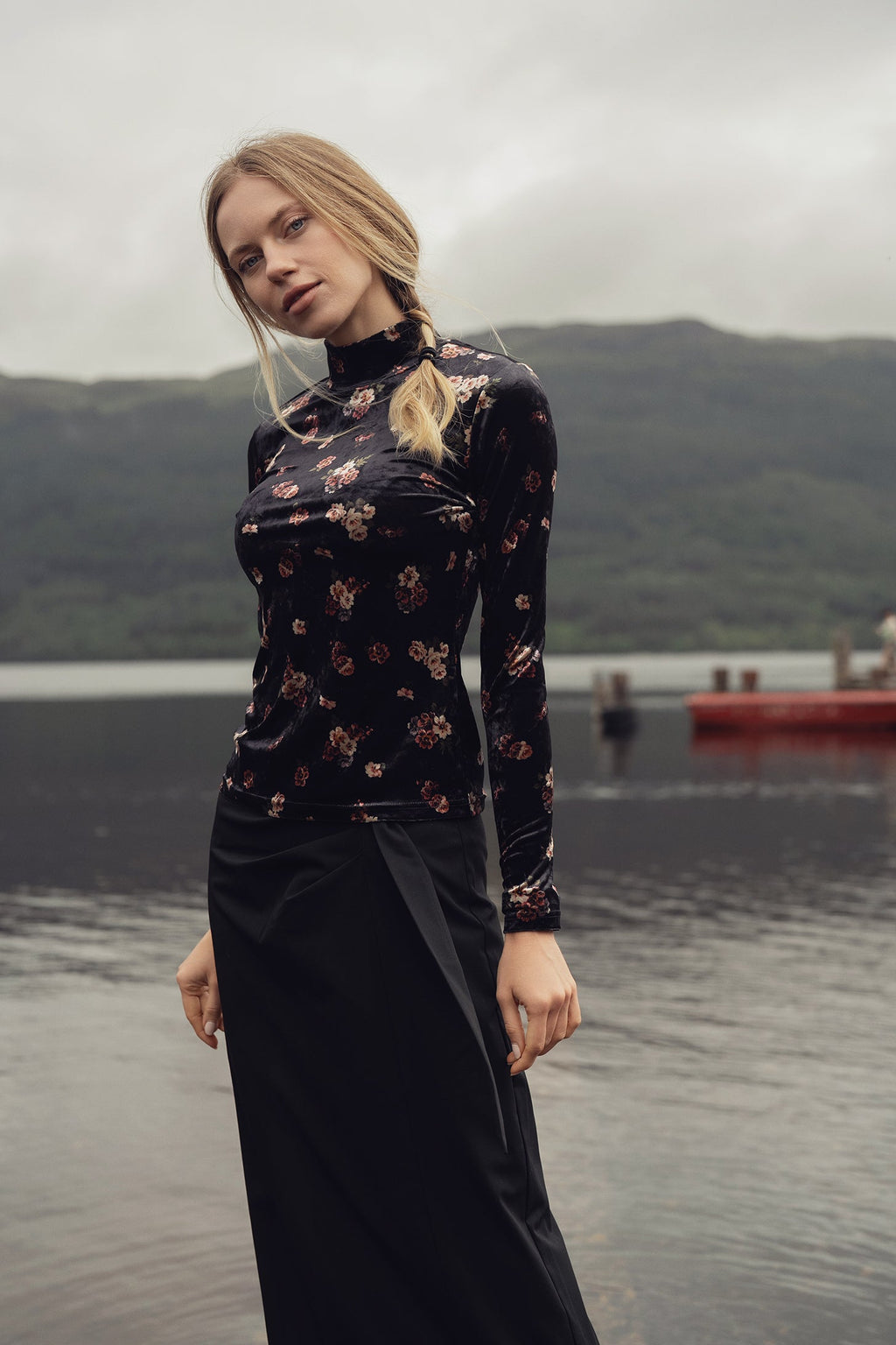 Printed Velour Turtleneck-Rosy