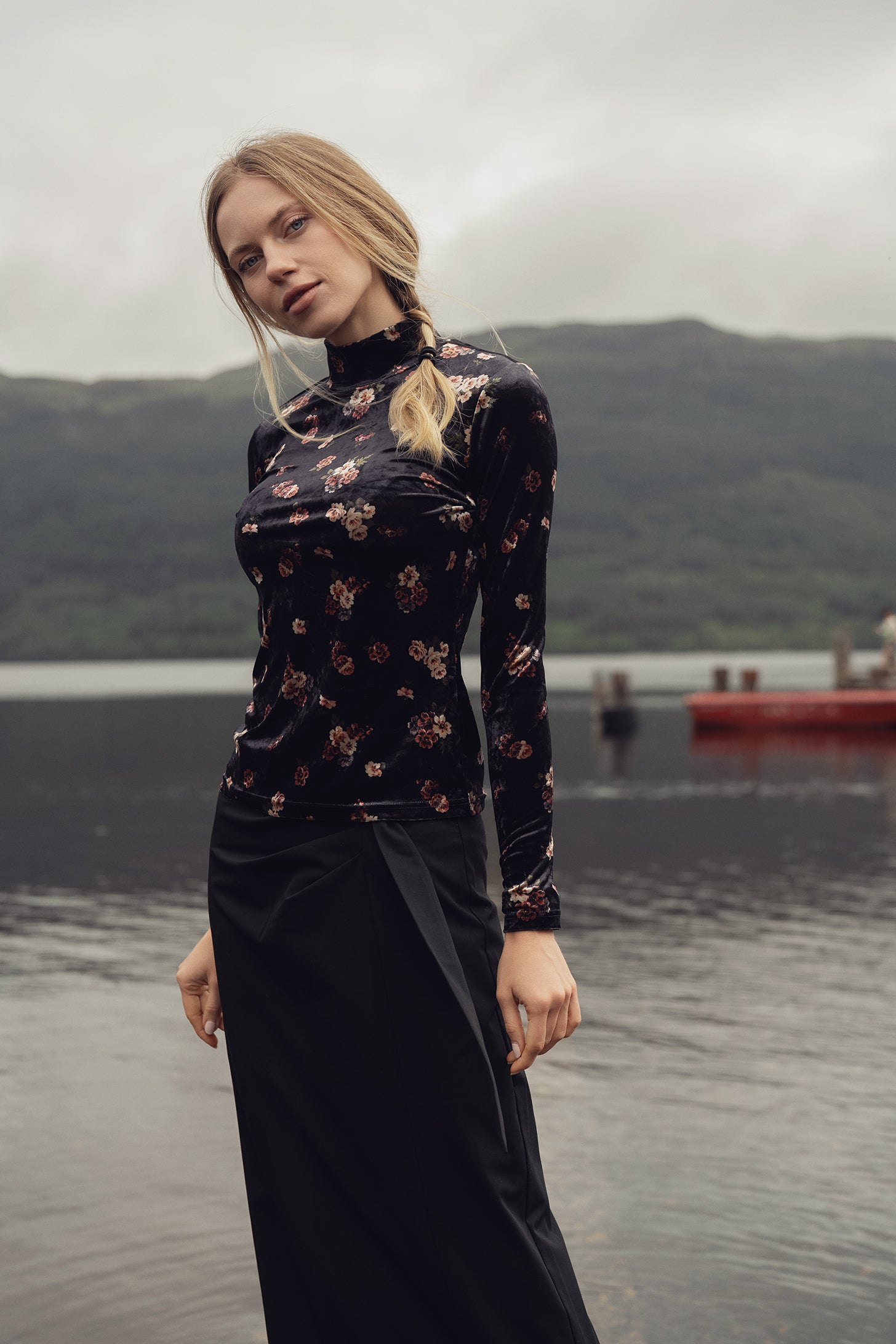 Printed Velour Turtleneck-Rosy