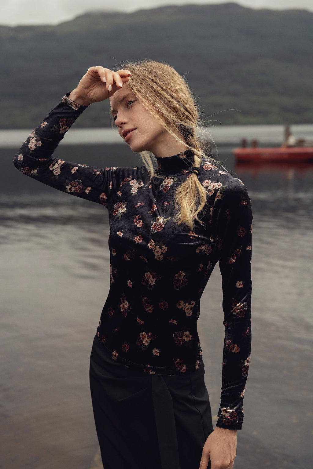 Printed Velour Turtleneck-Rosy