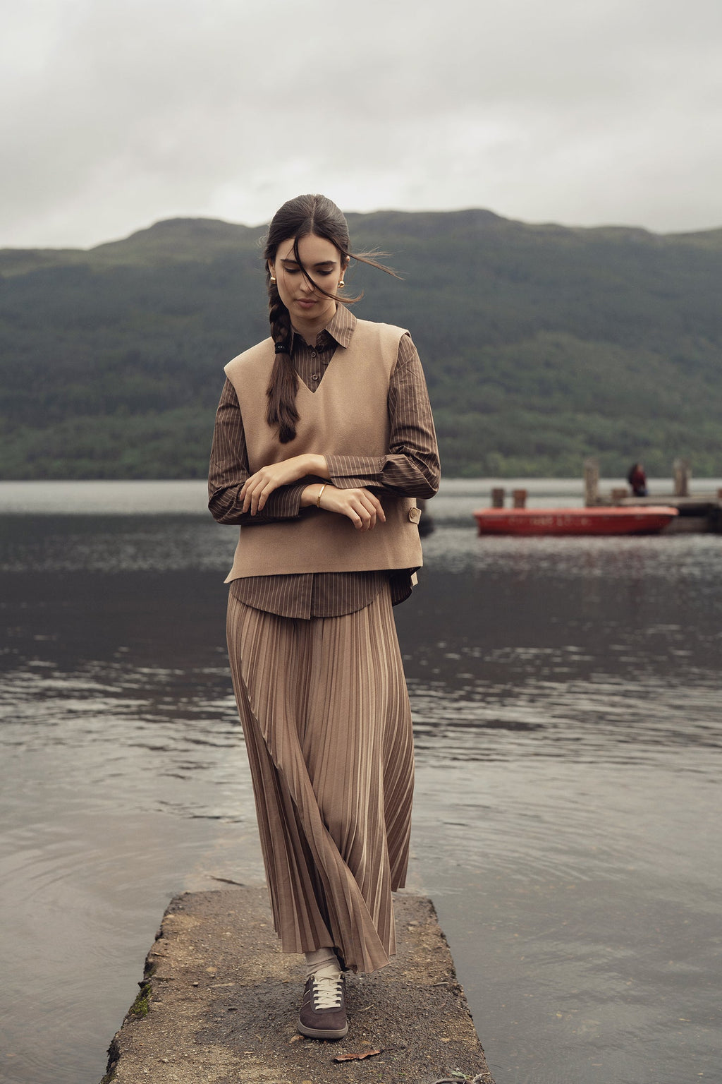 Mix Pleat Skirt-Camel