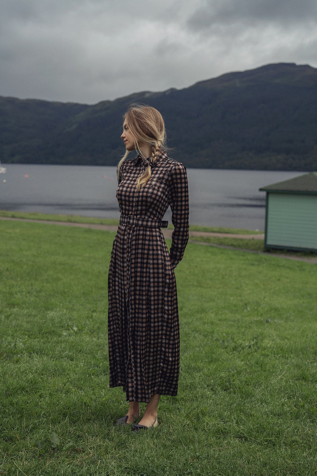 Stone Embellished Belted Shirtdress-Brown Plaid