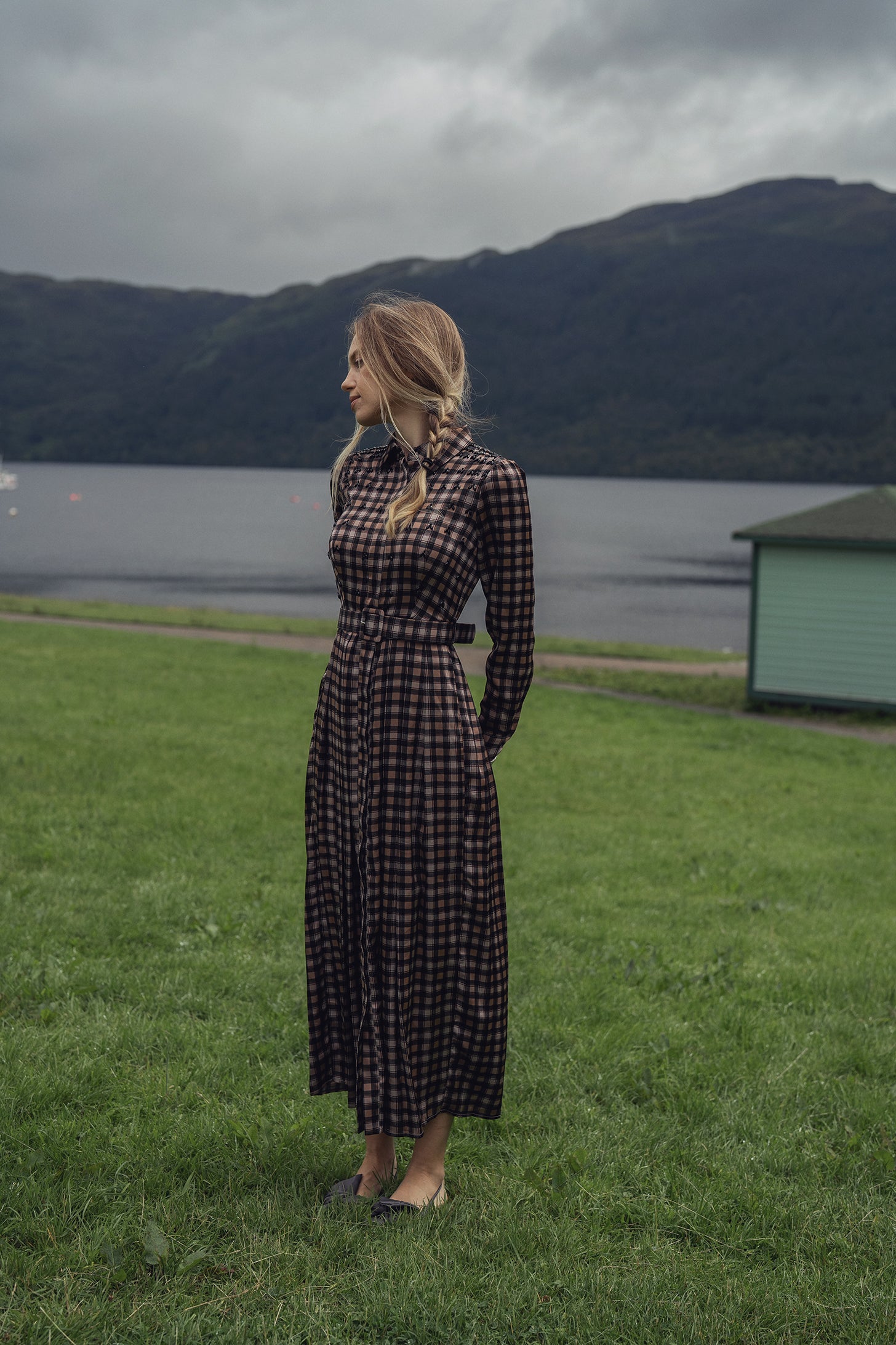 Stone Embellished Belted Shirtdress-Brown Plaid