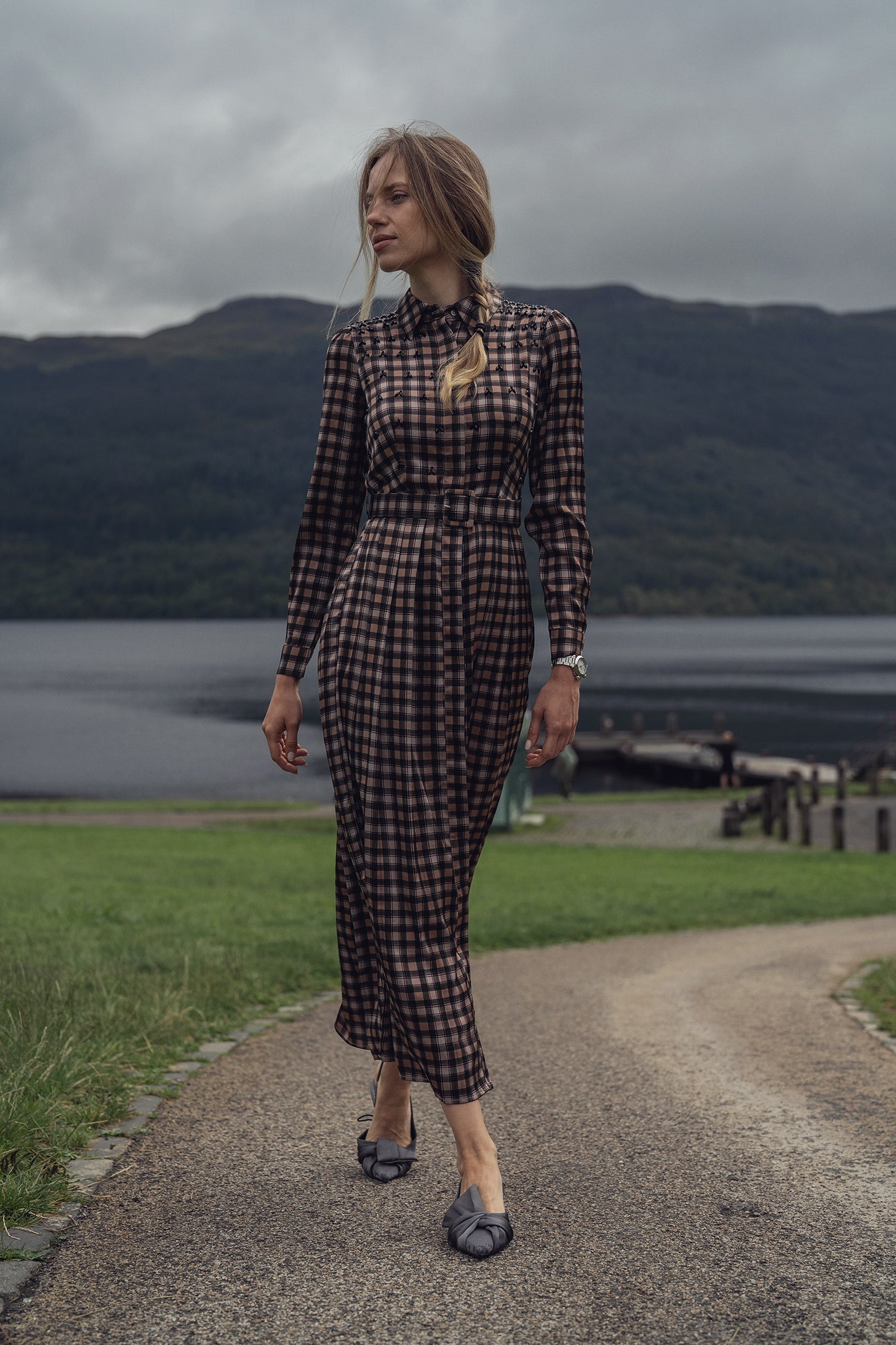 Stone Embellished Belted Shirtdress-Brown Plaid