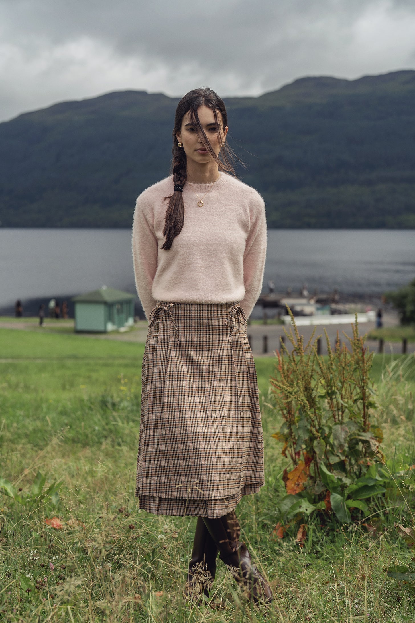 Side Bow Pleated Skirt-Pink Plaid