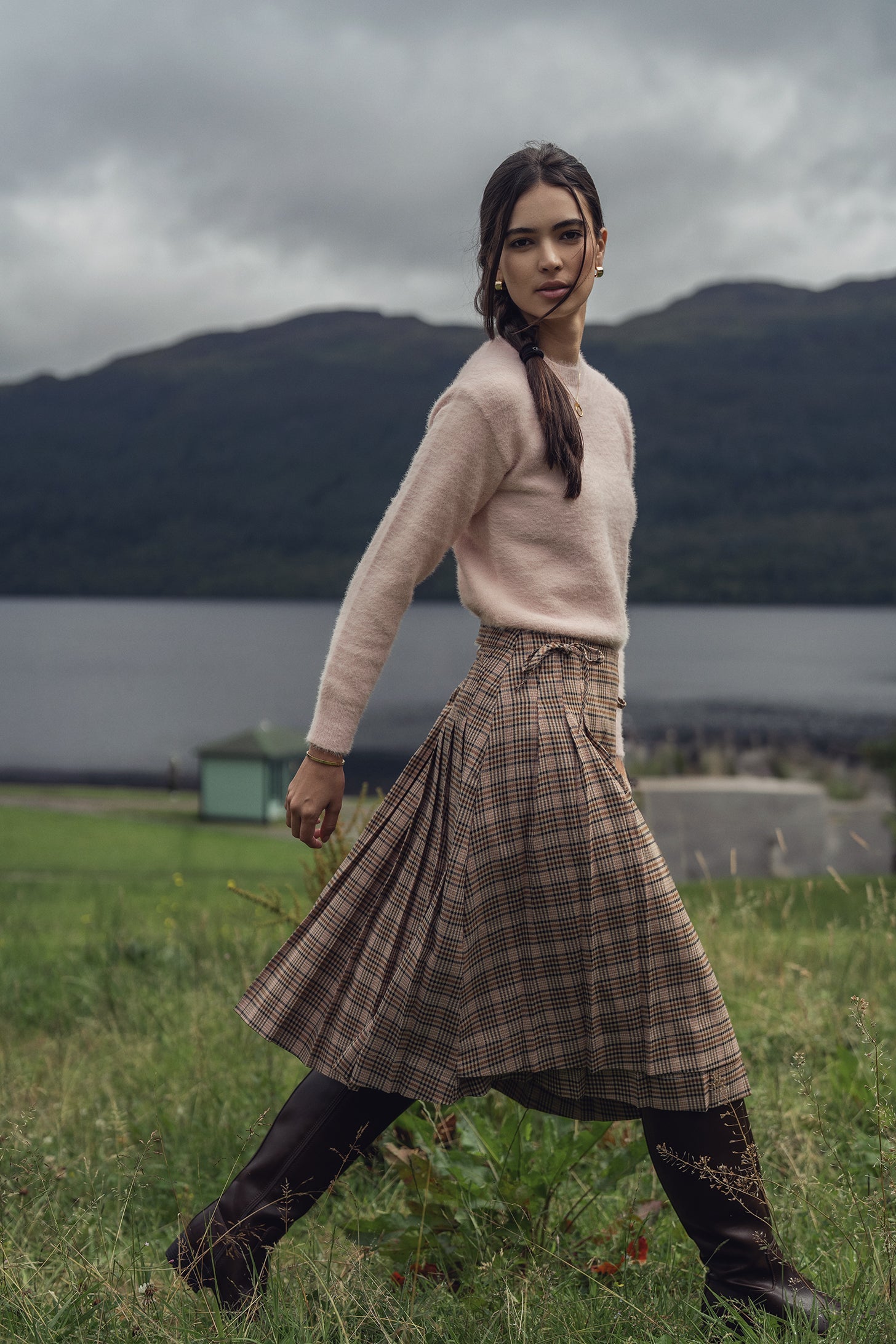 Side Bow Pleated Skirt-Pink Plaid