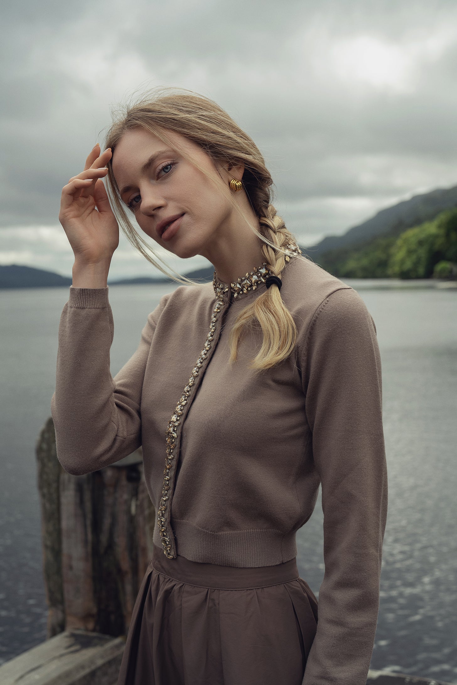 Embellished Cardigan Sweater-Mocha Mousse