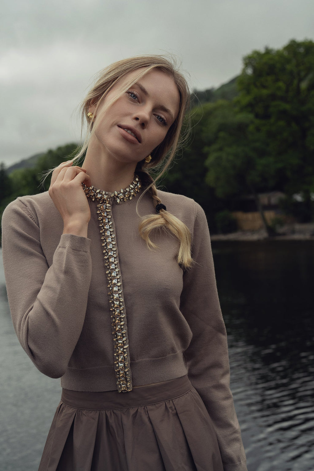 Embellished Cardigan Sweater-Mocha Mousse