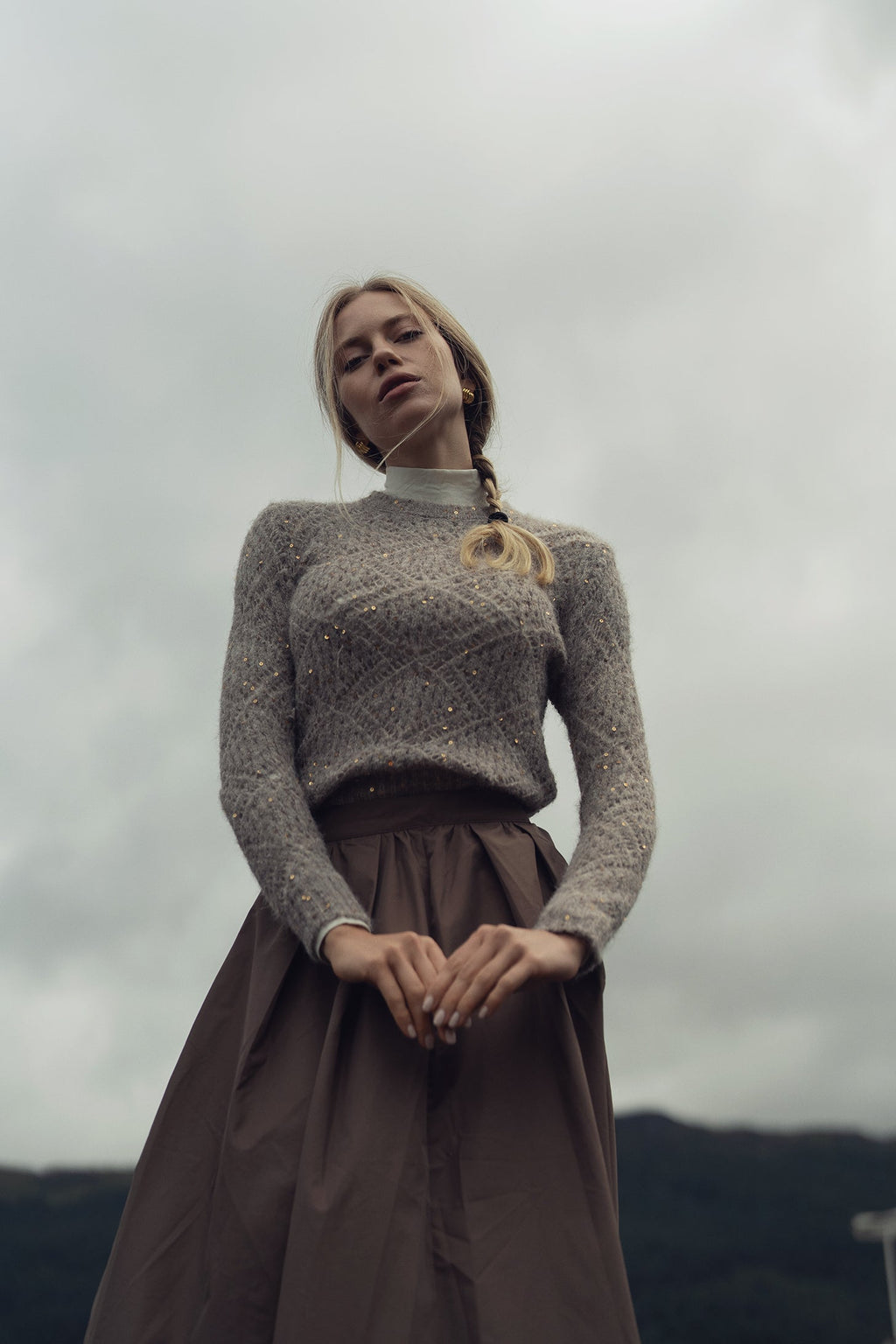 Open Crochet Knit Sequin Sweater-Tan