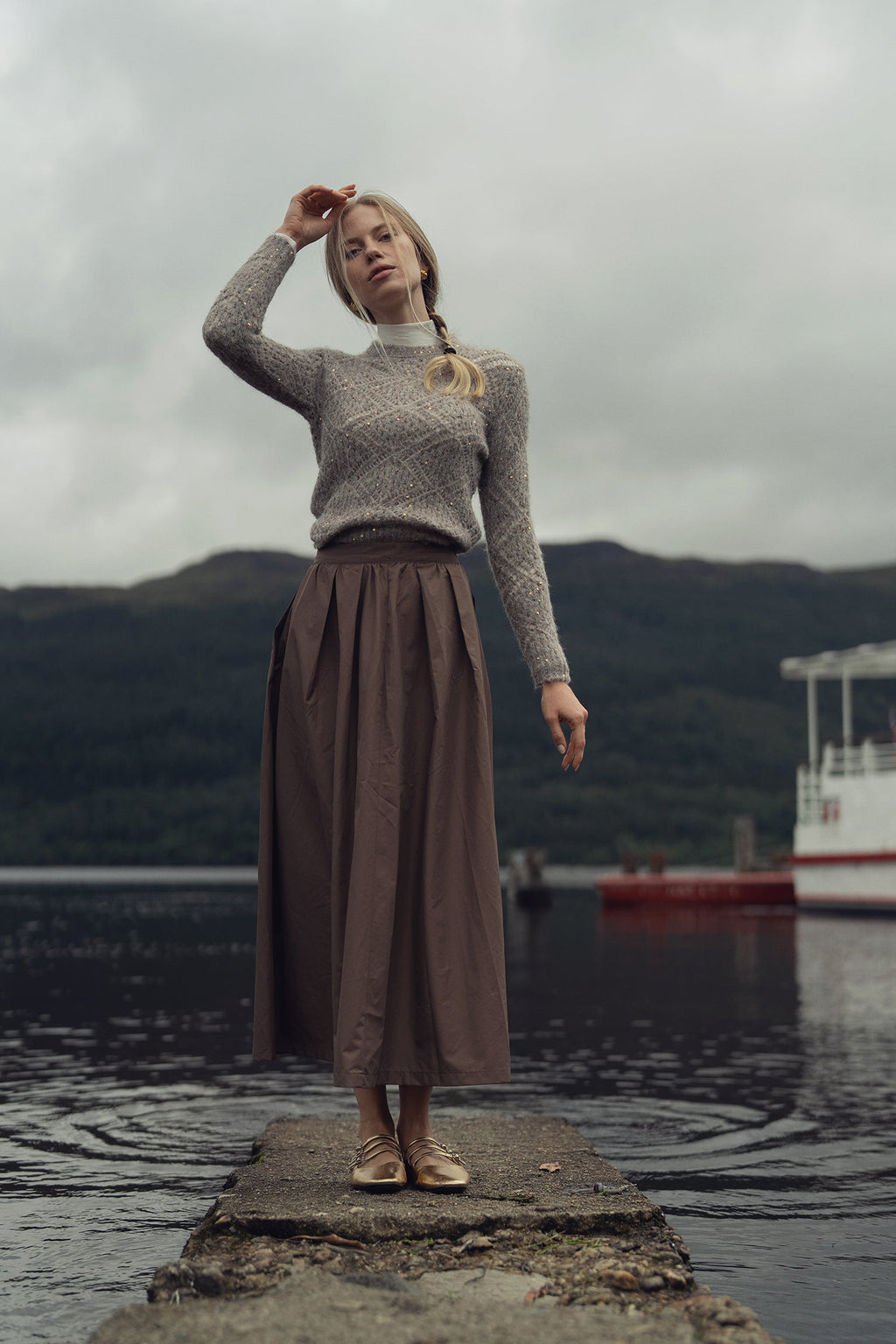 Open Crochet Knit Sequin Sweater-Tan