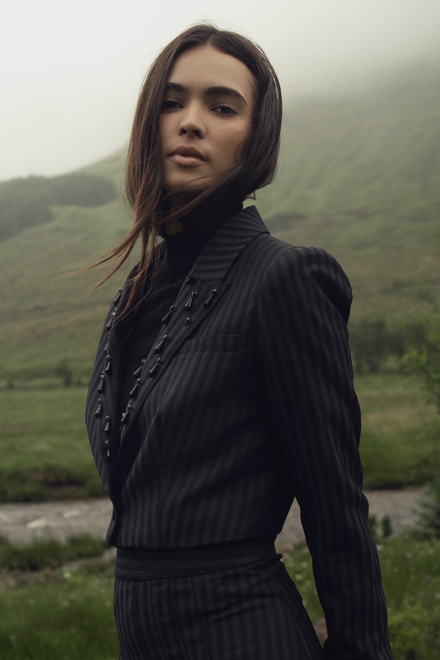 Herringbone Crop Beaded Blazer-Grey/Black