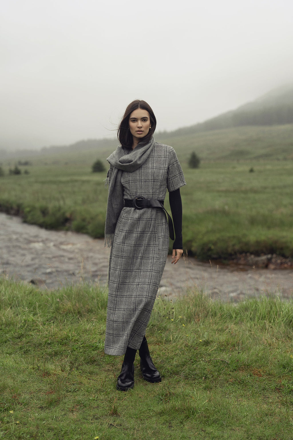 Front Pleat Square Neck Dress-Black/White Plaid