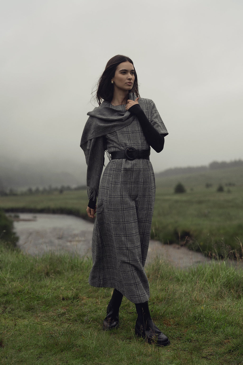 Front Pleat Square Neck Dress-Black/White Plaid