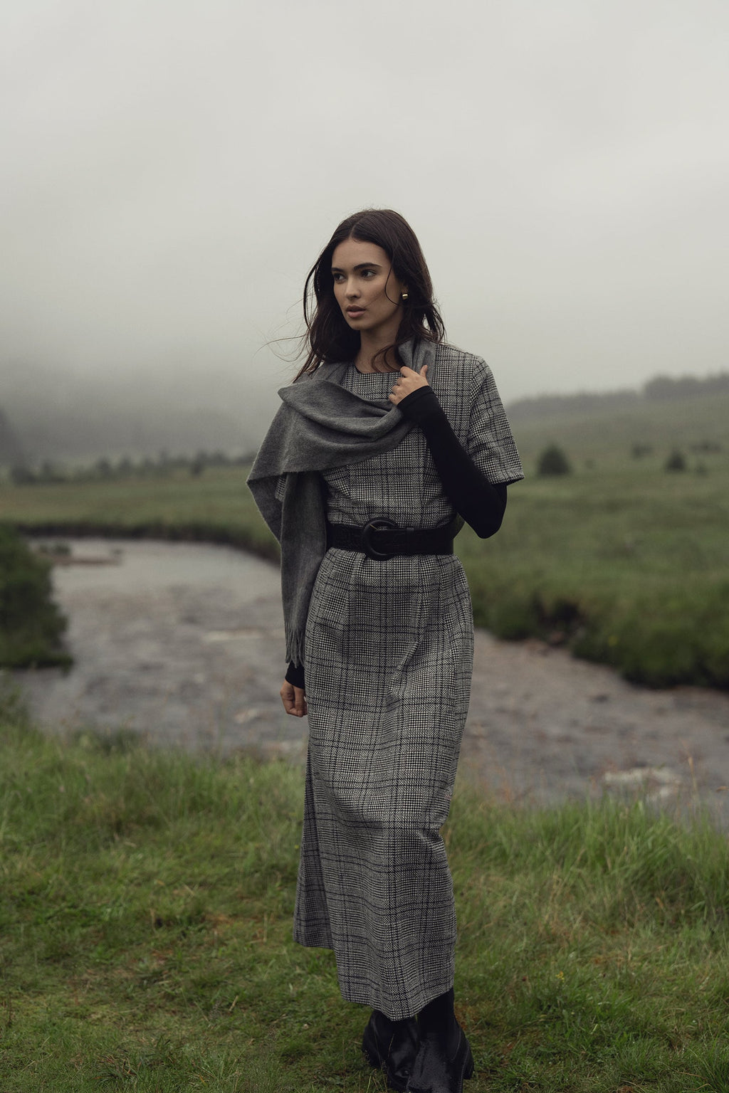 Front Pleat Square Neck Dress-Black/White Plaid