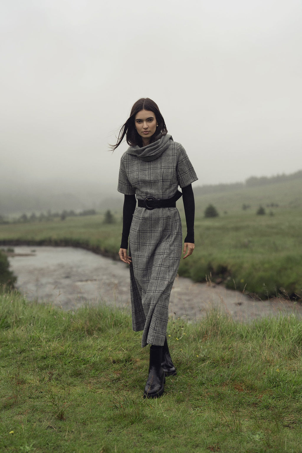 Front Pleat Square Neck Dress-Black/White Plaid