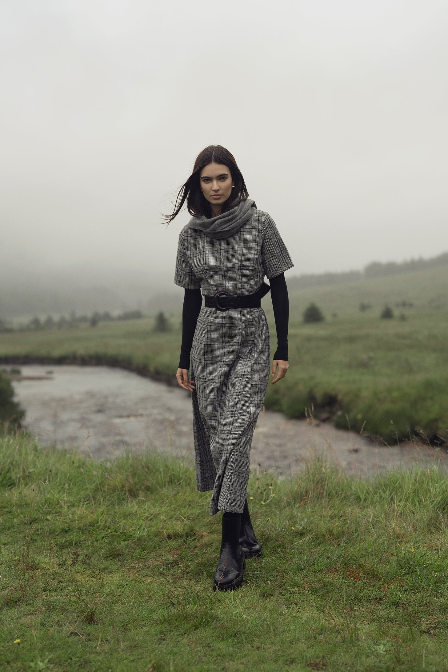 Front Pleat Square Neck Dress-Black/White Plaid