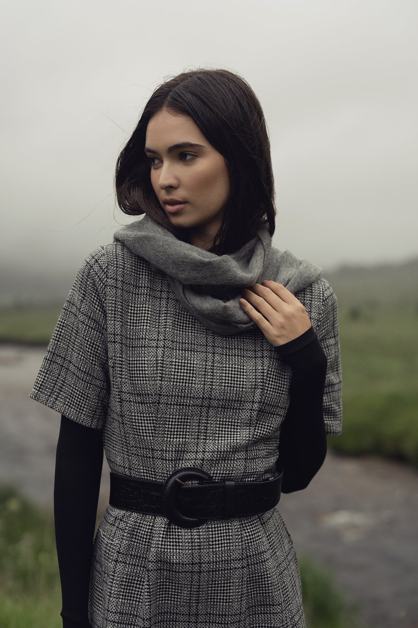 Front Pleat Square Neck Dress-Black/White Plaid