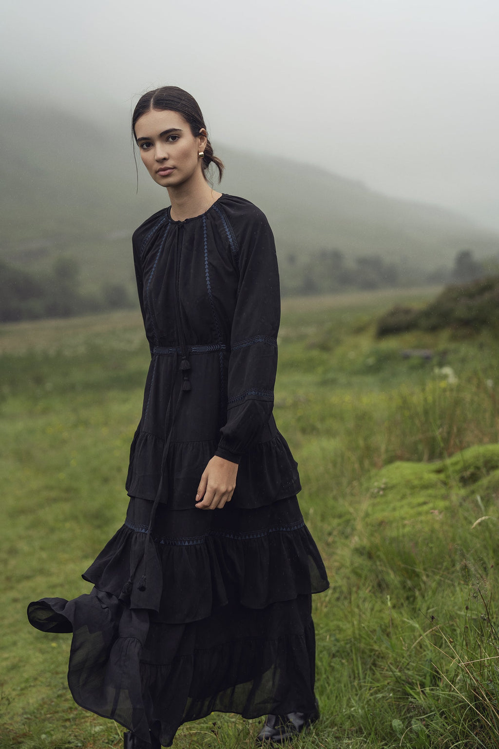 Tiered Dress-Black/Navy