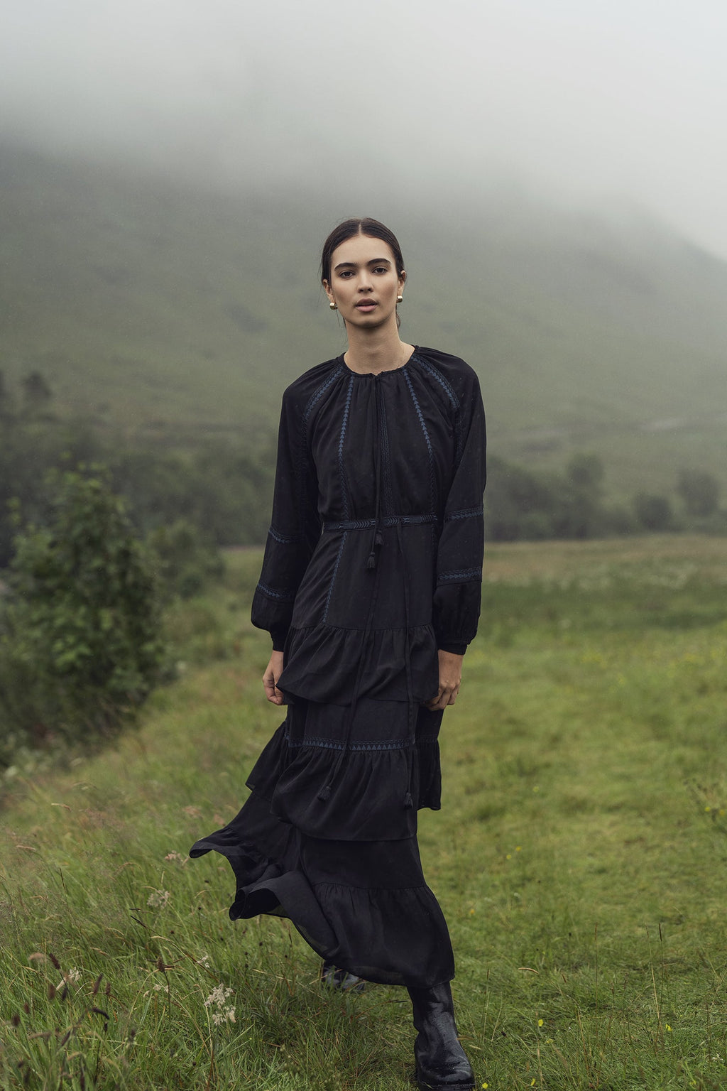 Tiered Dress-Black/Navy