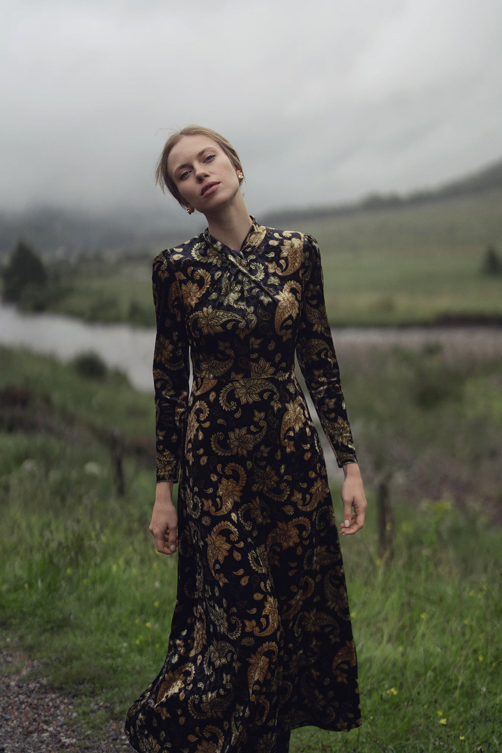 Velour Front Knot Maxi Dress-Gold Paisley