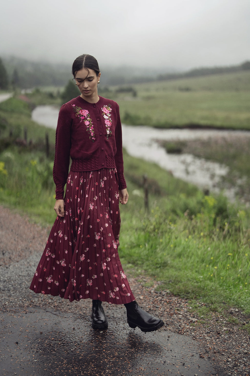 Embroidered Cardigan-Burgundy Floral