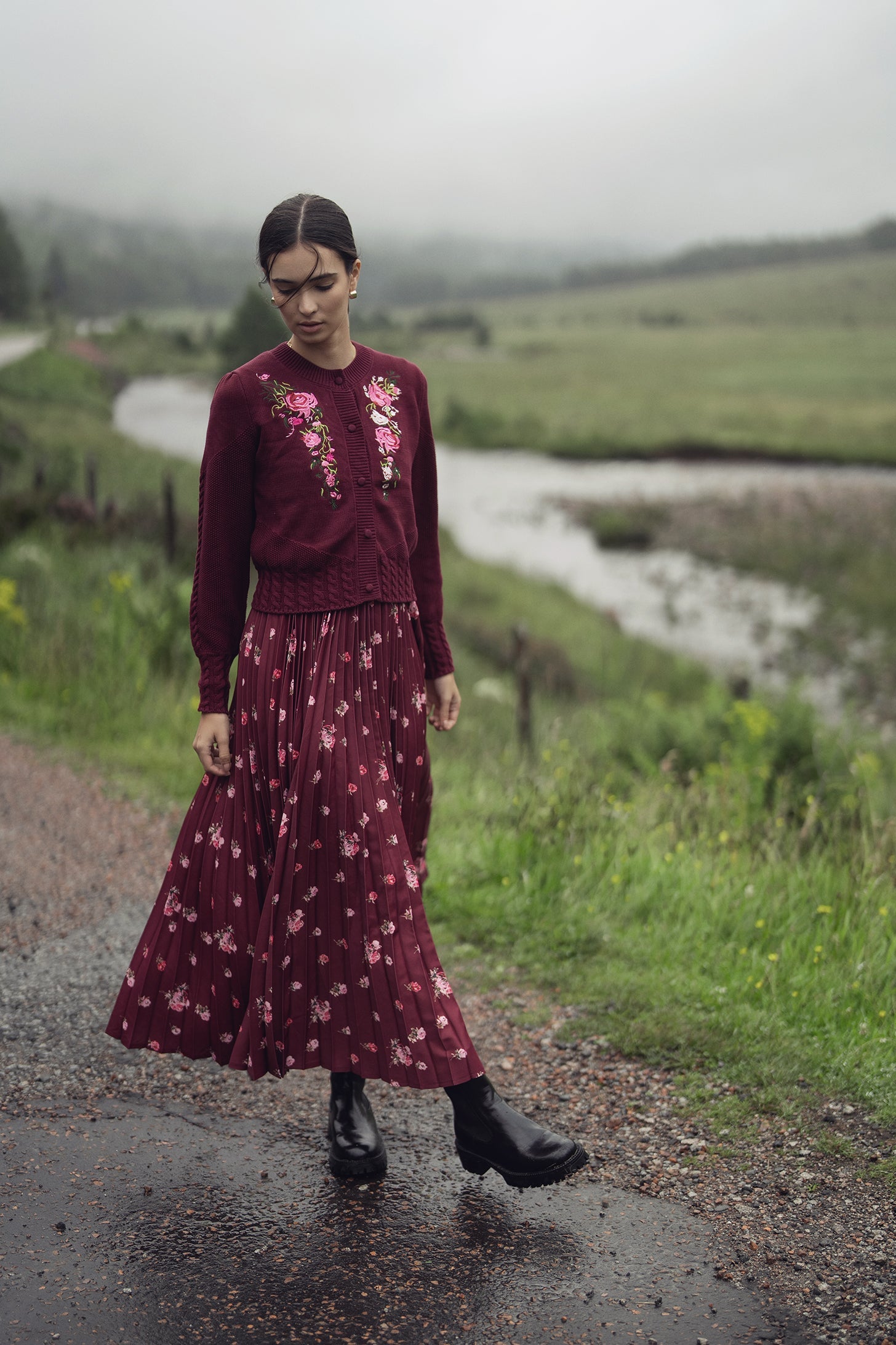 Pleated Bottom Slip Dress-Burgundy Floral