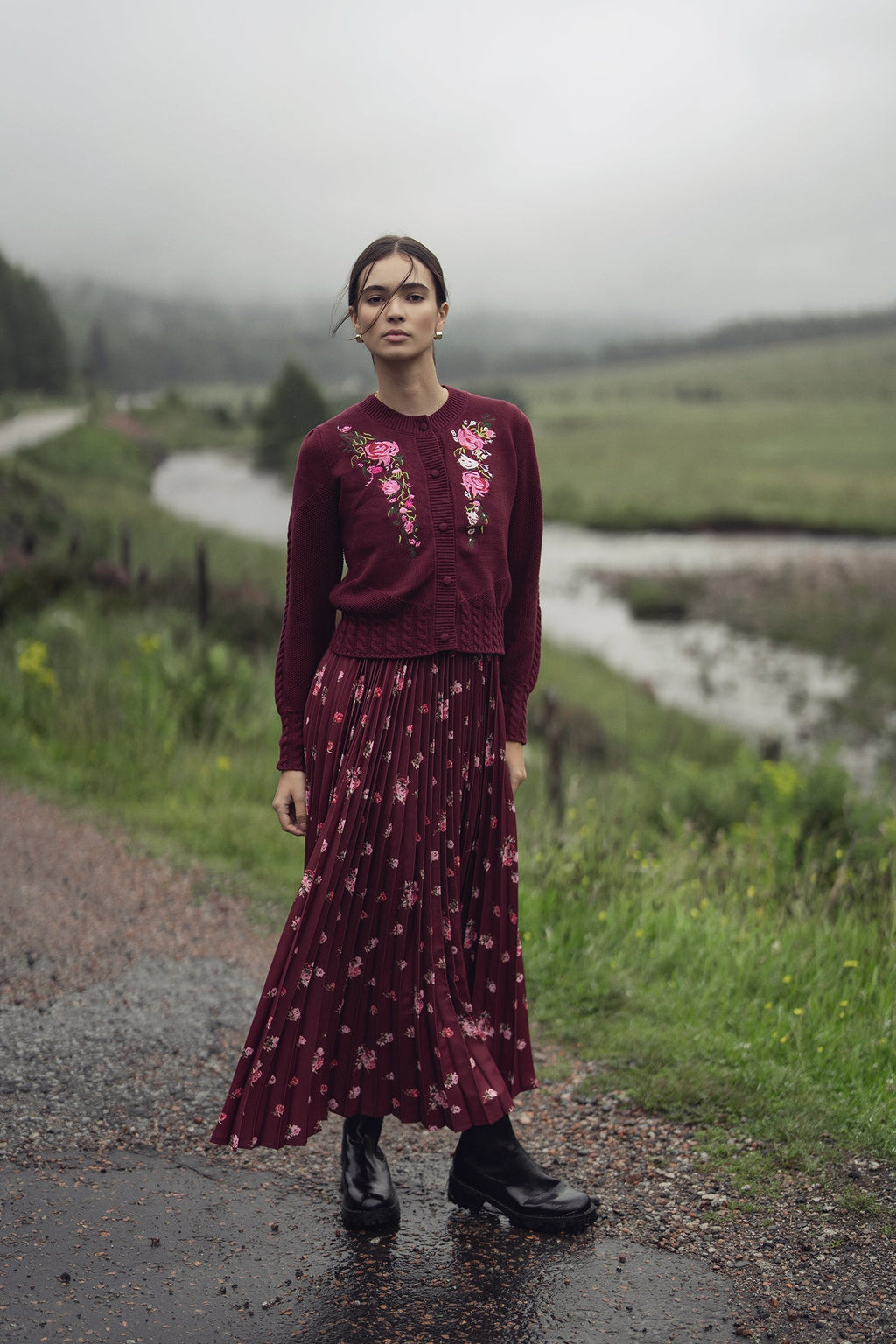 Pleated Bottom Slip Dress-Burgundy Floral