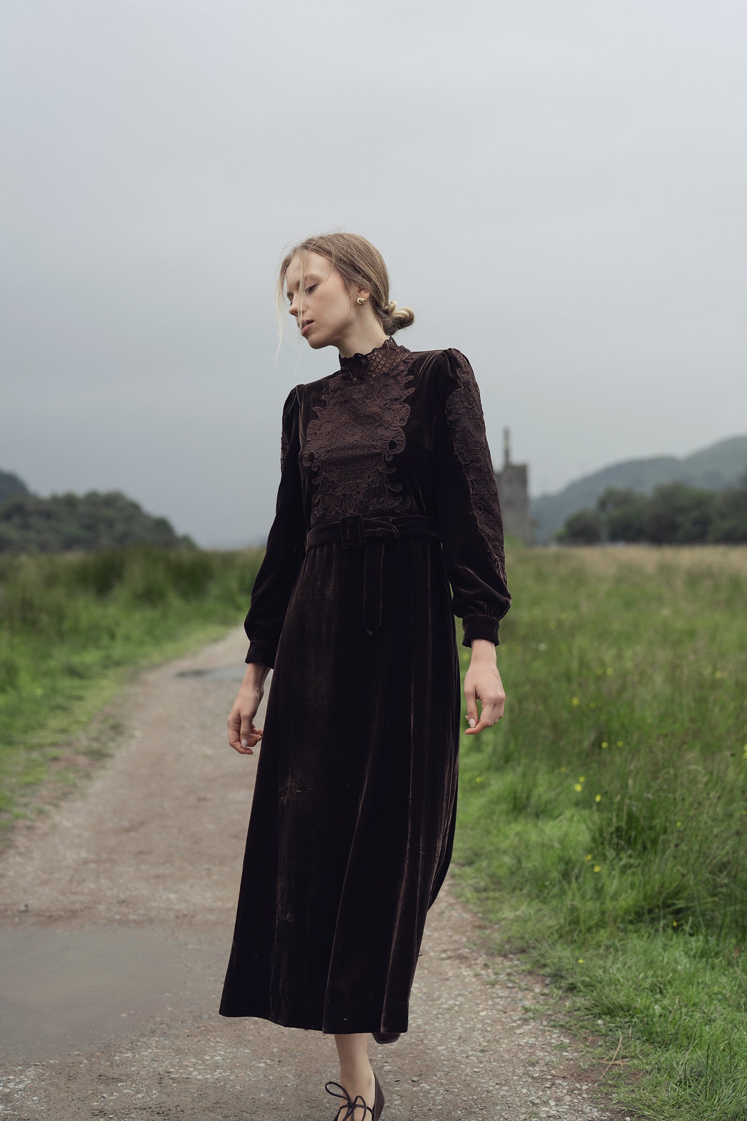 Lace Inlay Velvet Dress-Brown