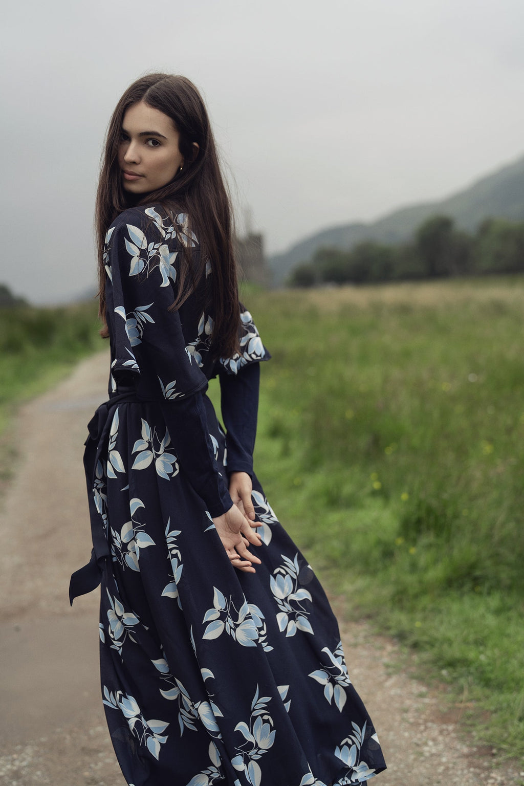 Flutter Sleeve Wrap Dress-Blue Flower