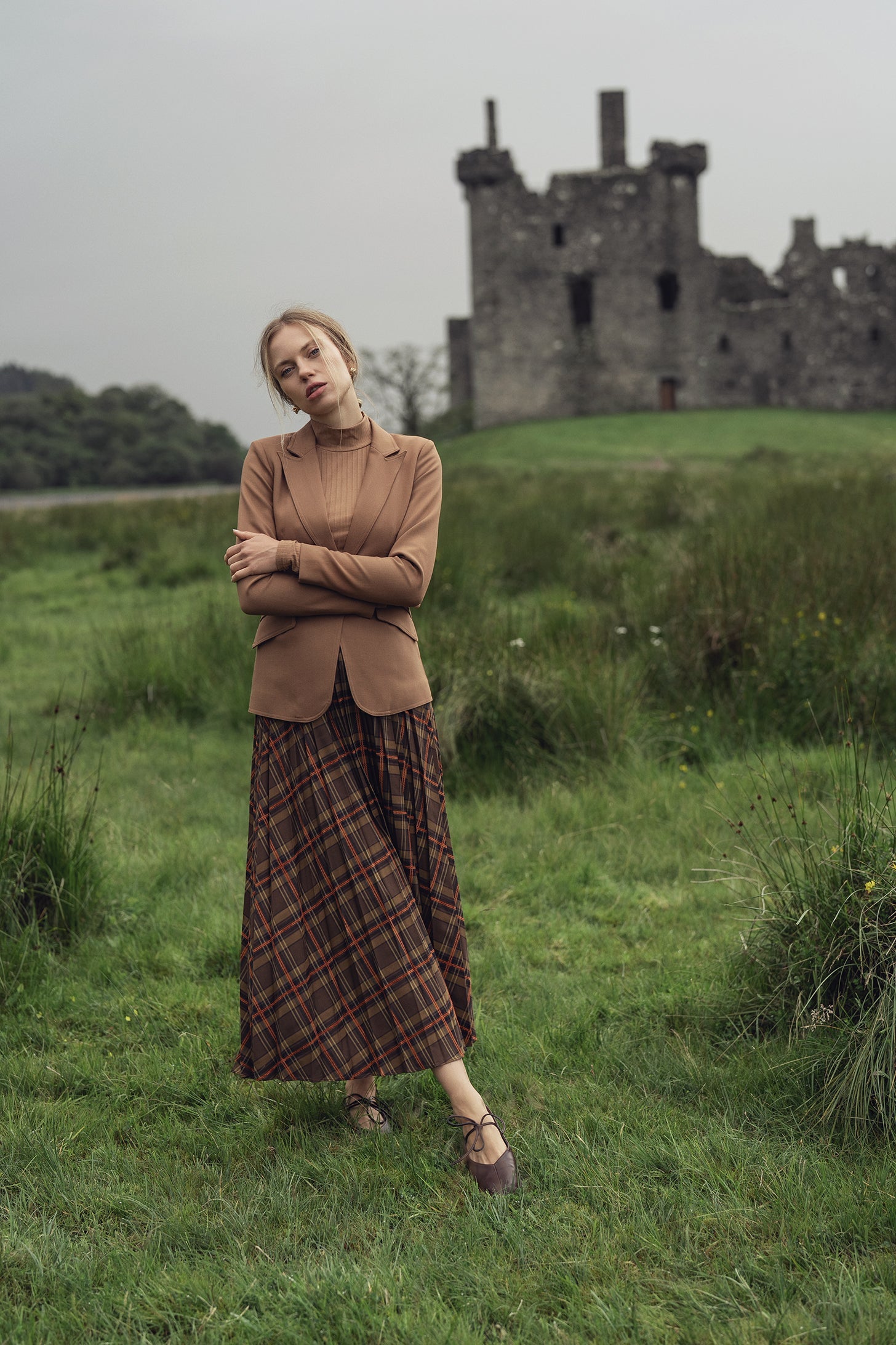 Covered Band Pleated Skirt-Brown/Orange Plaid