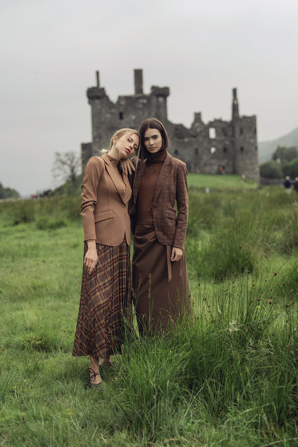 Covered Band Pleated Skirt-Brown/Orange Plaid